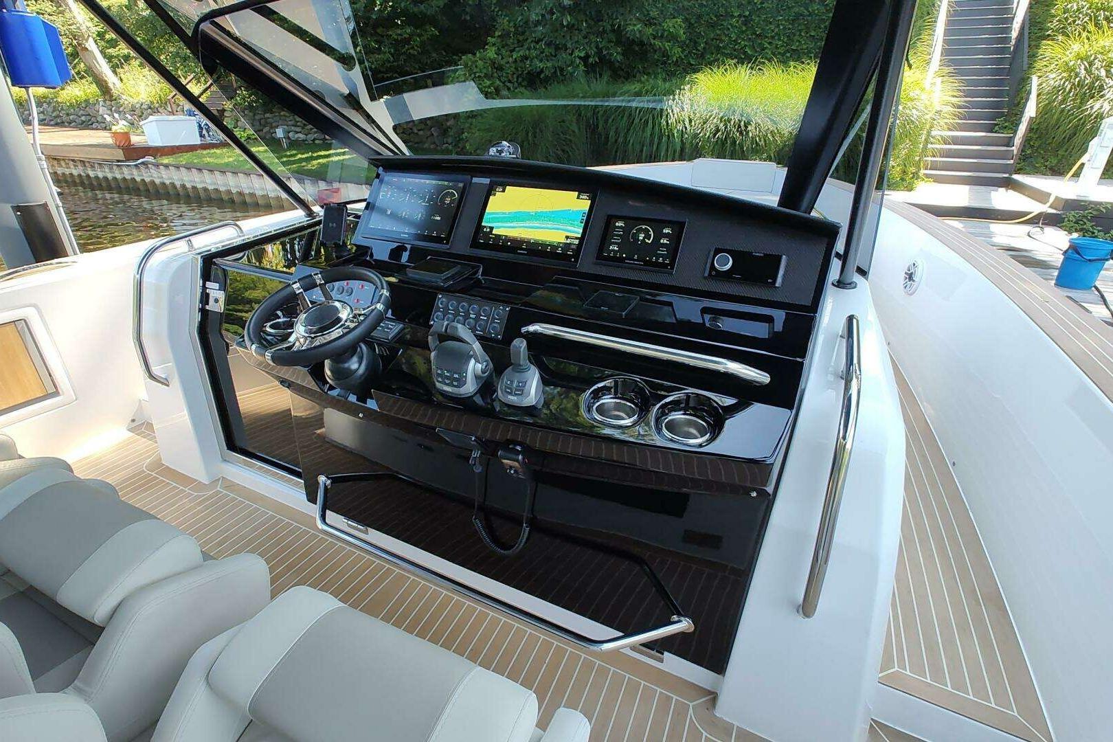 2023 Pardo Yachts P43 helm with modern controls and navigation systems.
