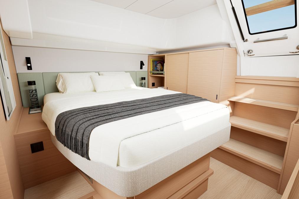 Luxurious bedroom in Lagoon 47 catamaran, model year 2026.