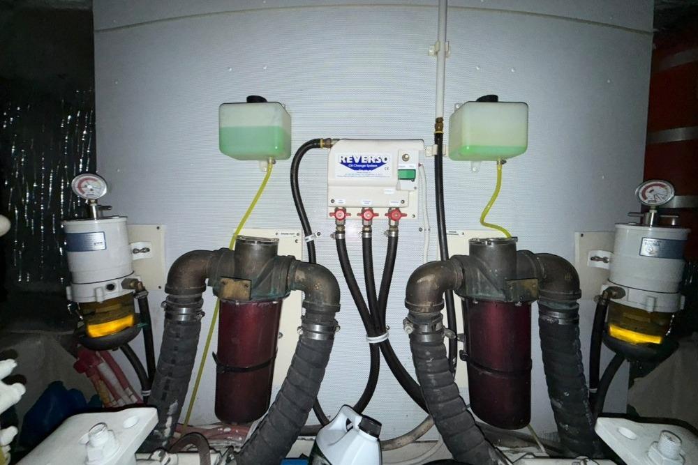 Engine room of a 2007 Marquis 55 LS yacht with Reverso fuel system.