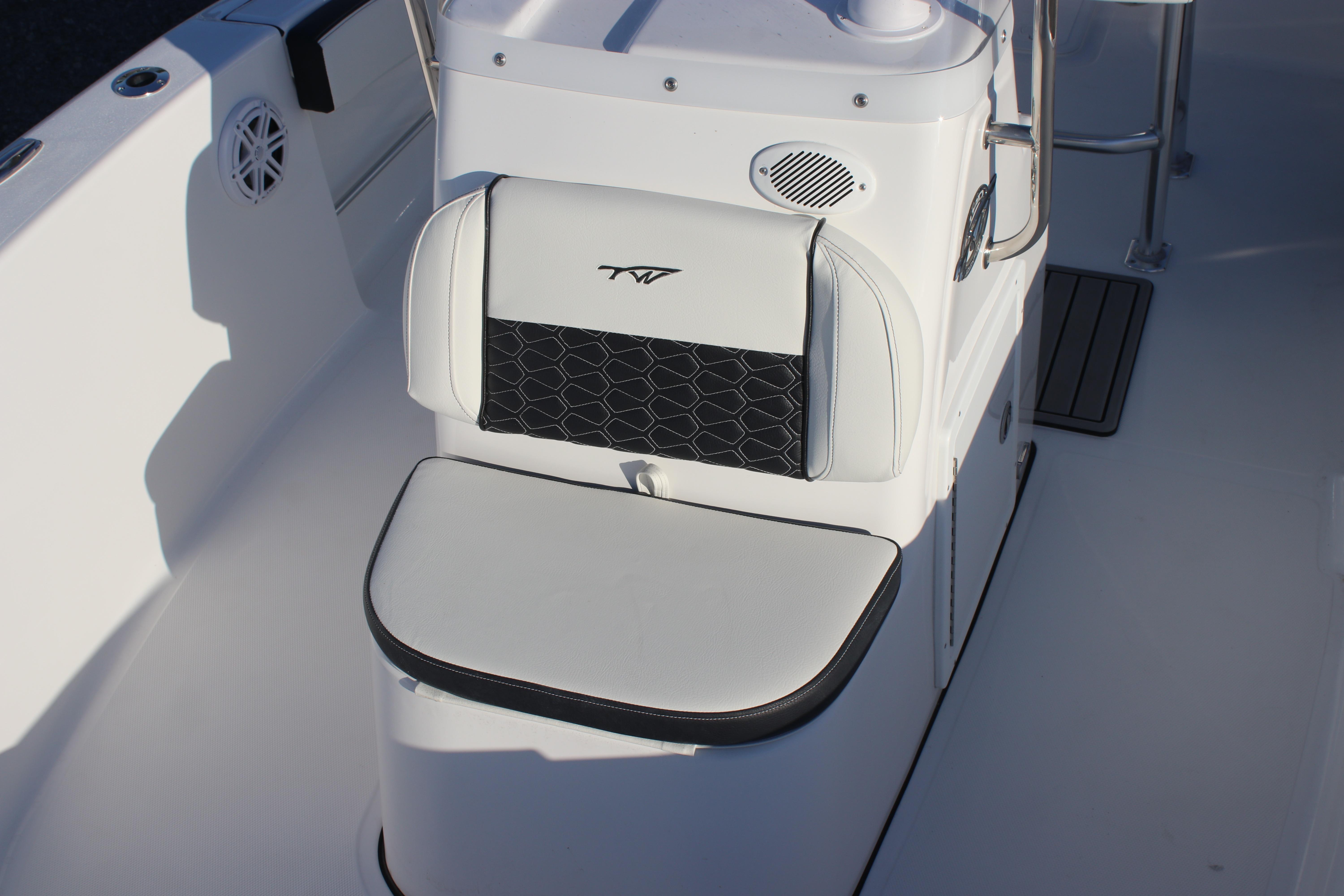 2026 Tidewater 180 CC Adventure boat seat with sleek design and integrated speaker.