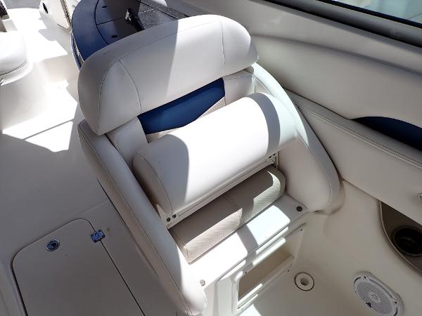 2011 Chaparral 287 SSX boat interior with white and blue seating.