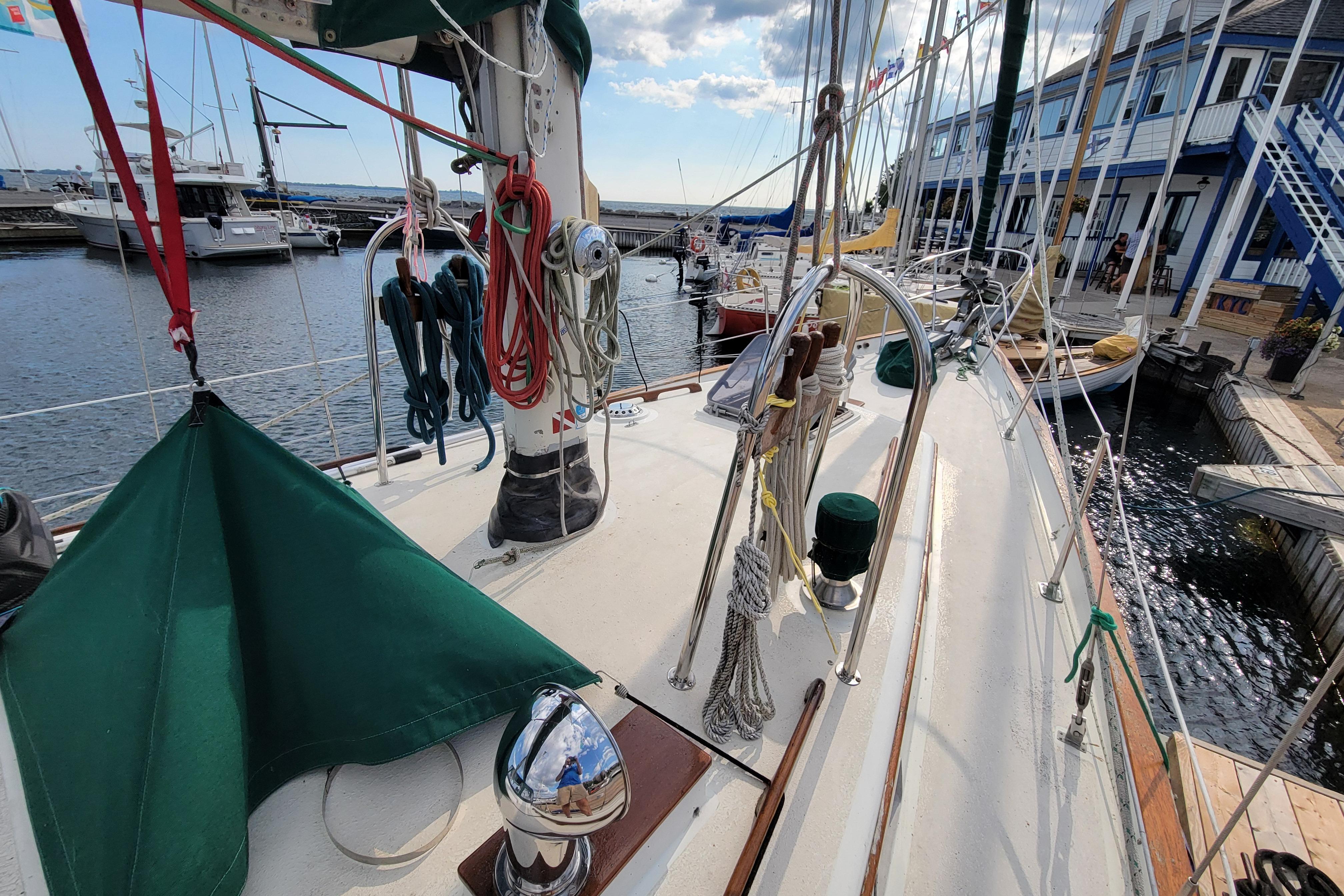 1979 Whitby 42 sailboat docked at marina, showcasing deck and rigging details.