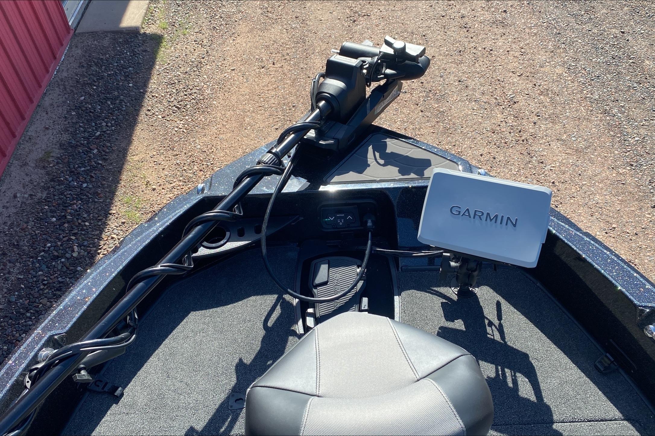 Front deck of 2026 Nitro ZV20 Pro boat with Garmin navigation system.