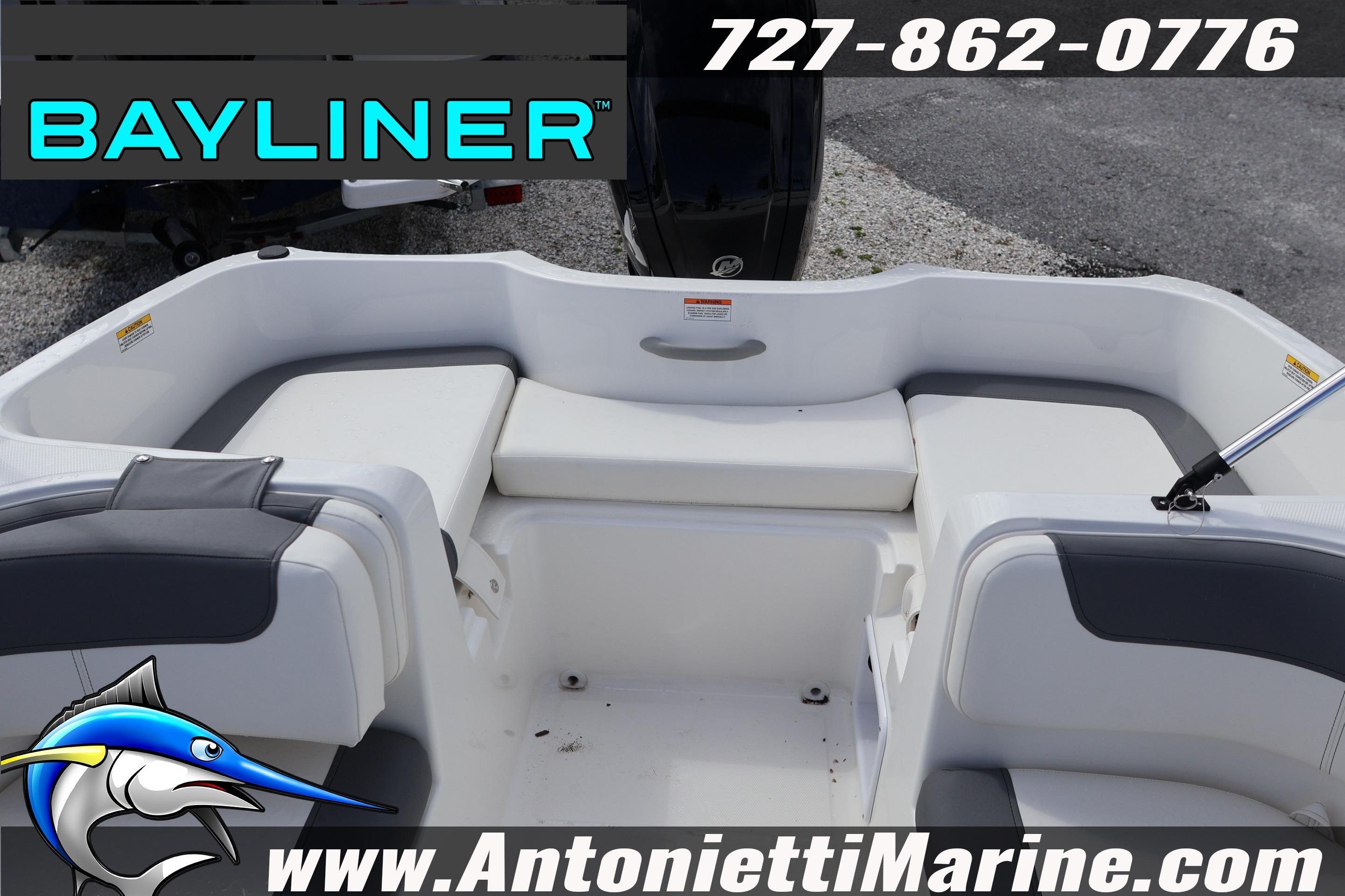 2026 Bayliner Element E16 boat interior with seating, displayed by Antonietti Marine.