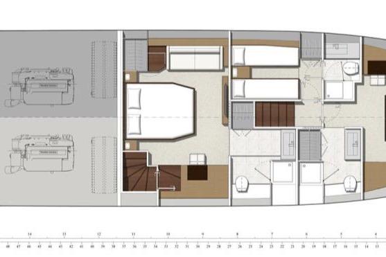 Floor plan of a 2019 Prestiage 630 yacht, featuring bedrooms and bathrooms.
