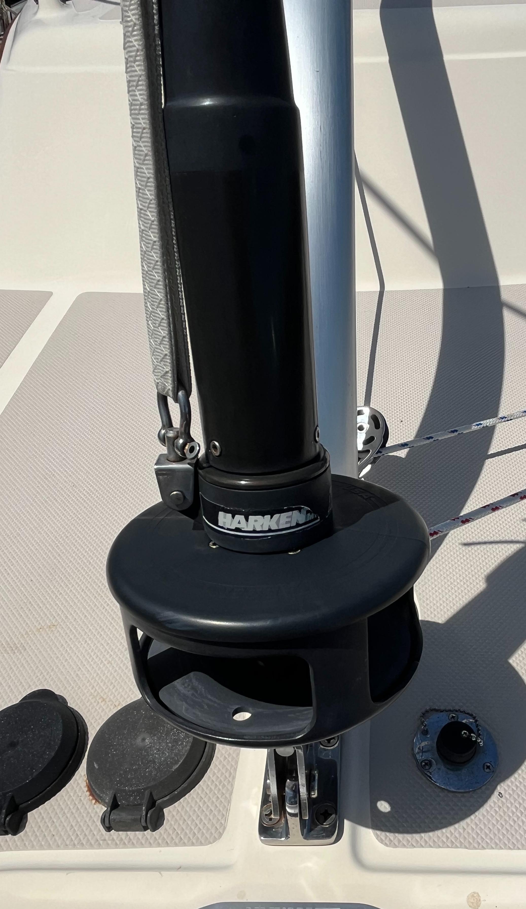 Sailboat deck detail of a 2006 Island Packet 445 with Harken equipment.