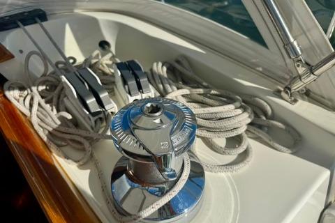 Deck of 1999 Hinckley Sou'wester 52 with winch and coiled ropes.