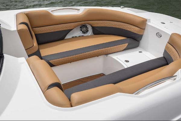 Manufacturer Provided Image: 2026 Hurricane SunDeck 2690 OB boat interior with tan and gray seating.