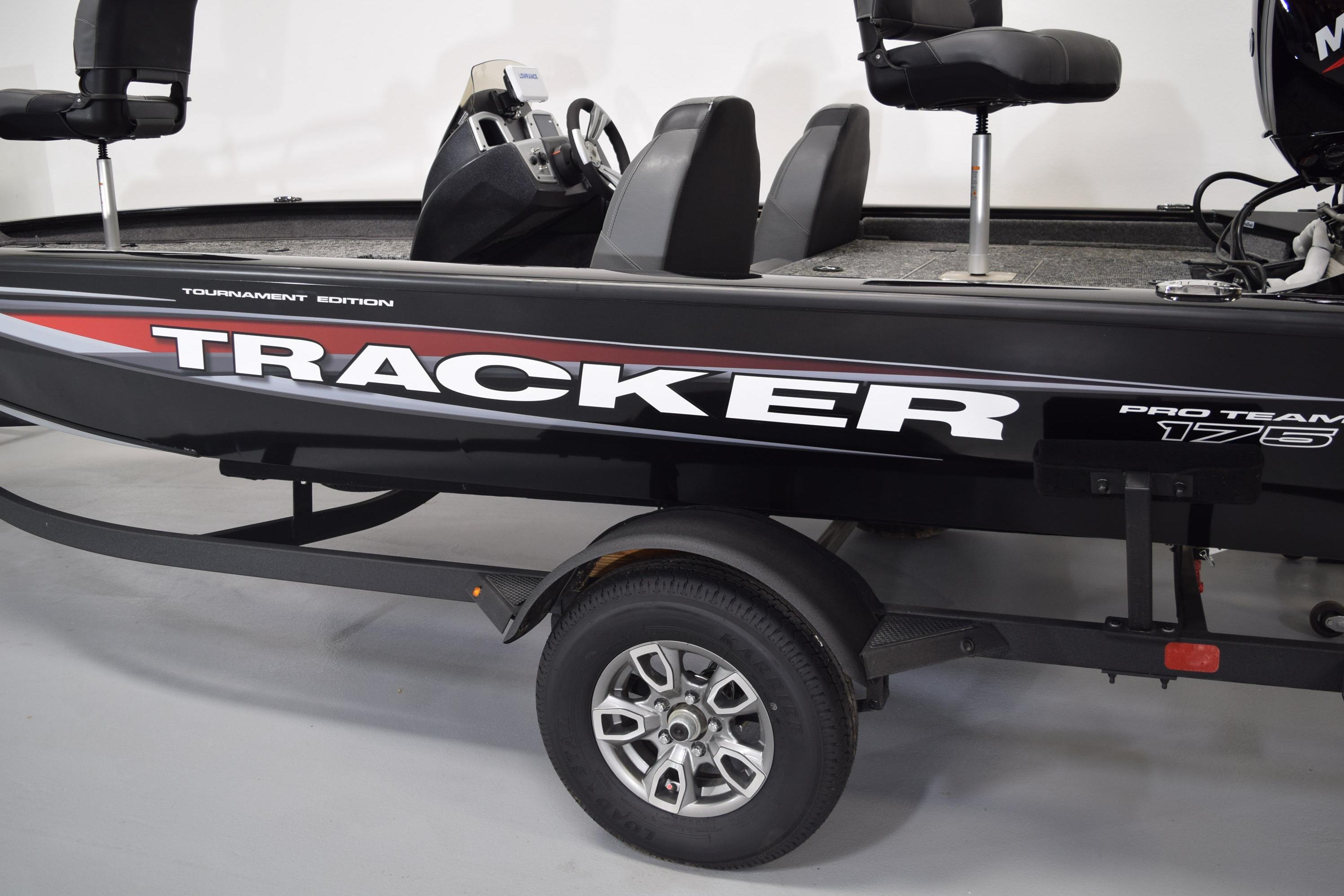 2026 Tracker Pro Team 175 boat on trailer, featuring sleek design and comfortable seating.
