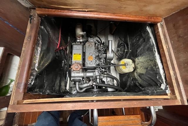 1984 Hunter 34 engine compartment with visible mechanical components.