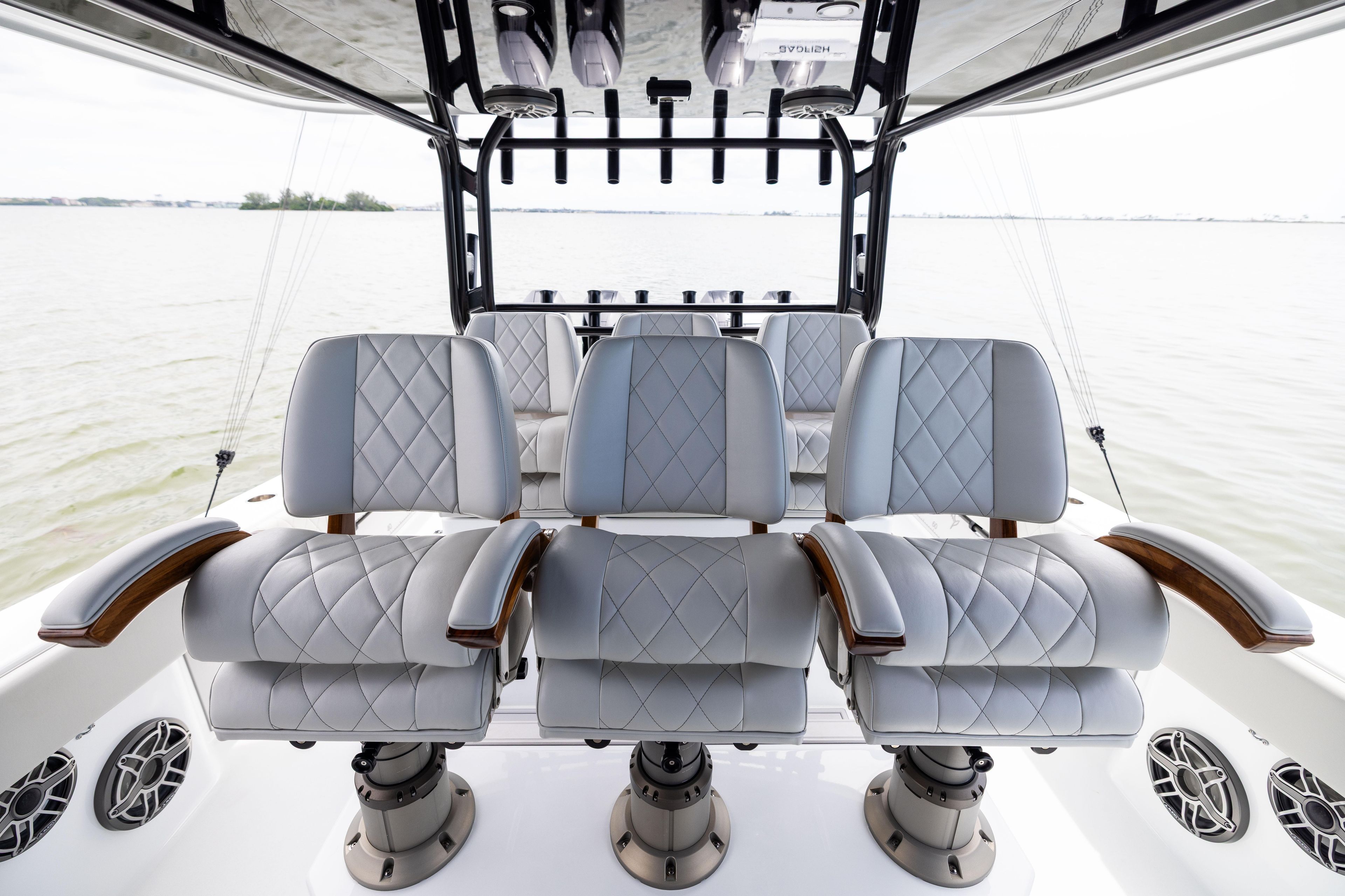 Luxurious seating on the 2025 Freeman 42 LR boat, featuring elegant quilted upholstery.