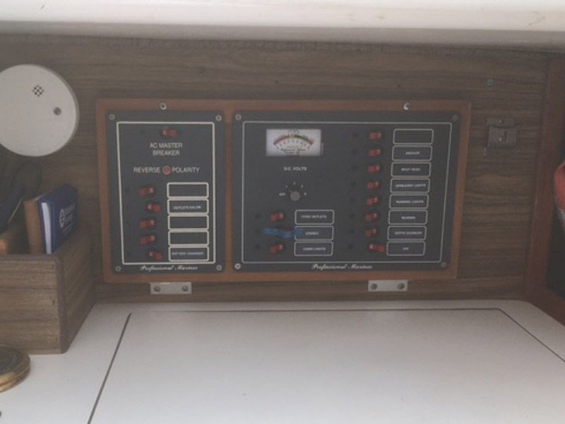 1975 O'Day Sloop control panel with voltage meter and switches.