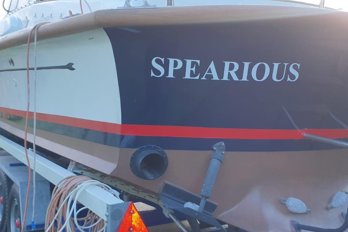 Fairey Spearfish MKIII boat named "Spearious" on trailer, 1989 model.