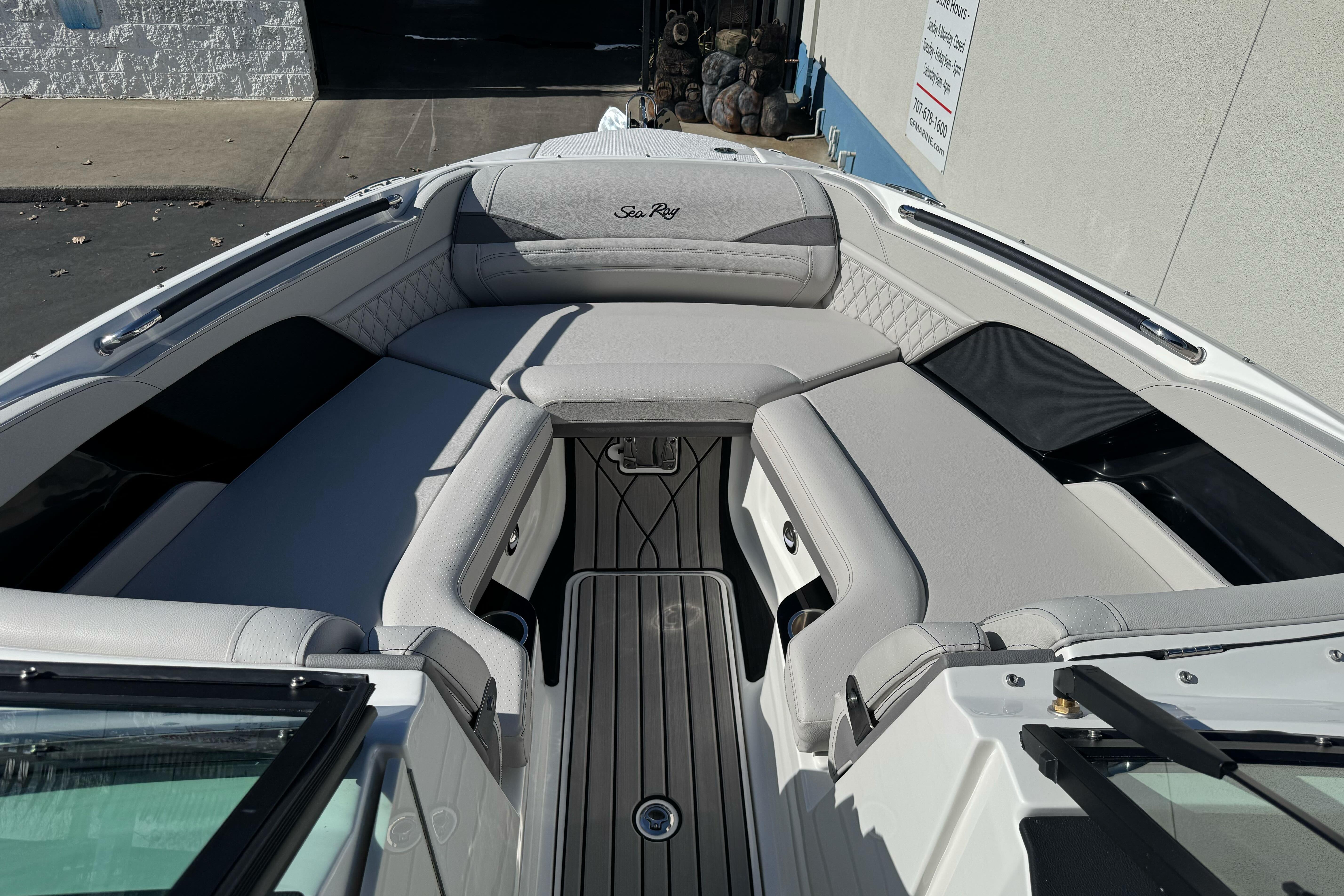 2026 Sea Ray SLX 260 boat interior with luxurious seating and sleek design.