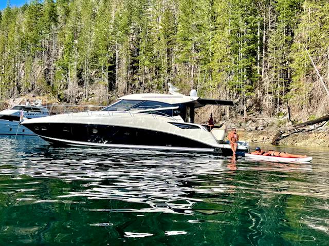 2015 Sea Ray 470 Sundancer yacht on serene water near a forested shoreline.