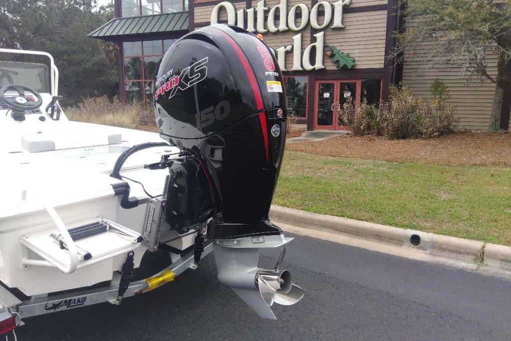 2026 Mako 18 Pro Skiff with Mercury Pro XS engine outside Outdoor World.