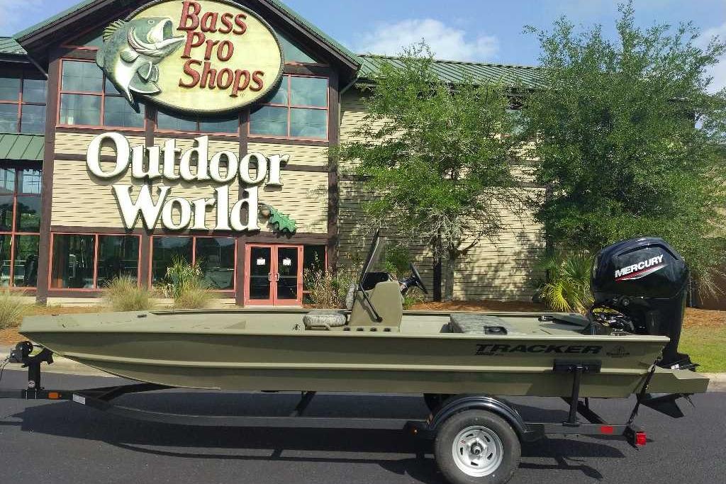 2026 Tracker Grizzly 1860 CC boat outside Bass Pro Shops Outdoor World.