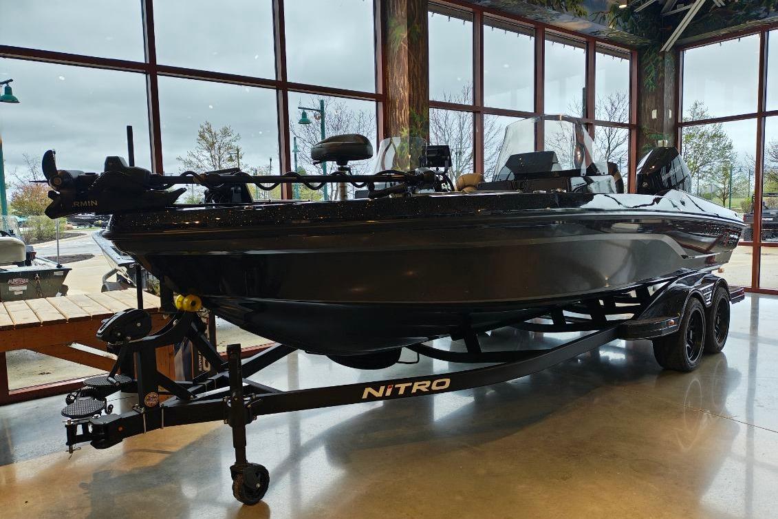 2026 Nitro ZV21 boat displayed indoors on a trailer.