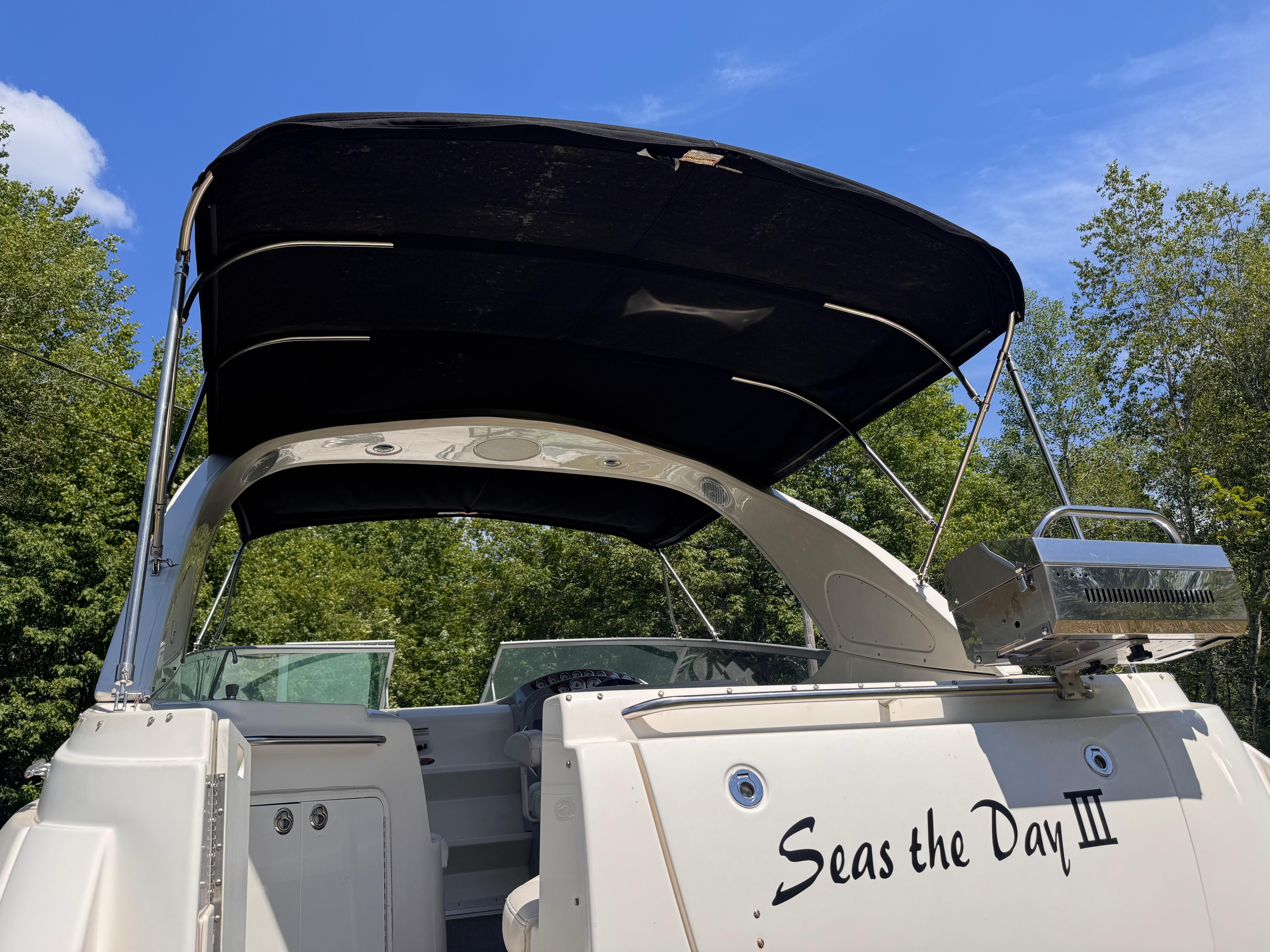 2009 Bayliner 300 boat with canopy, named "Seas the Day III," against a clear blue sky.