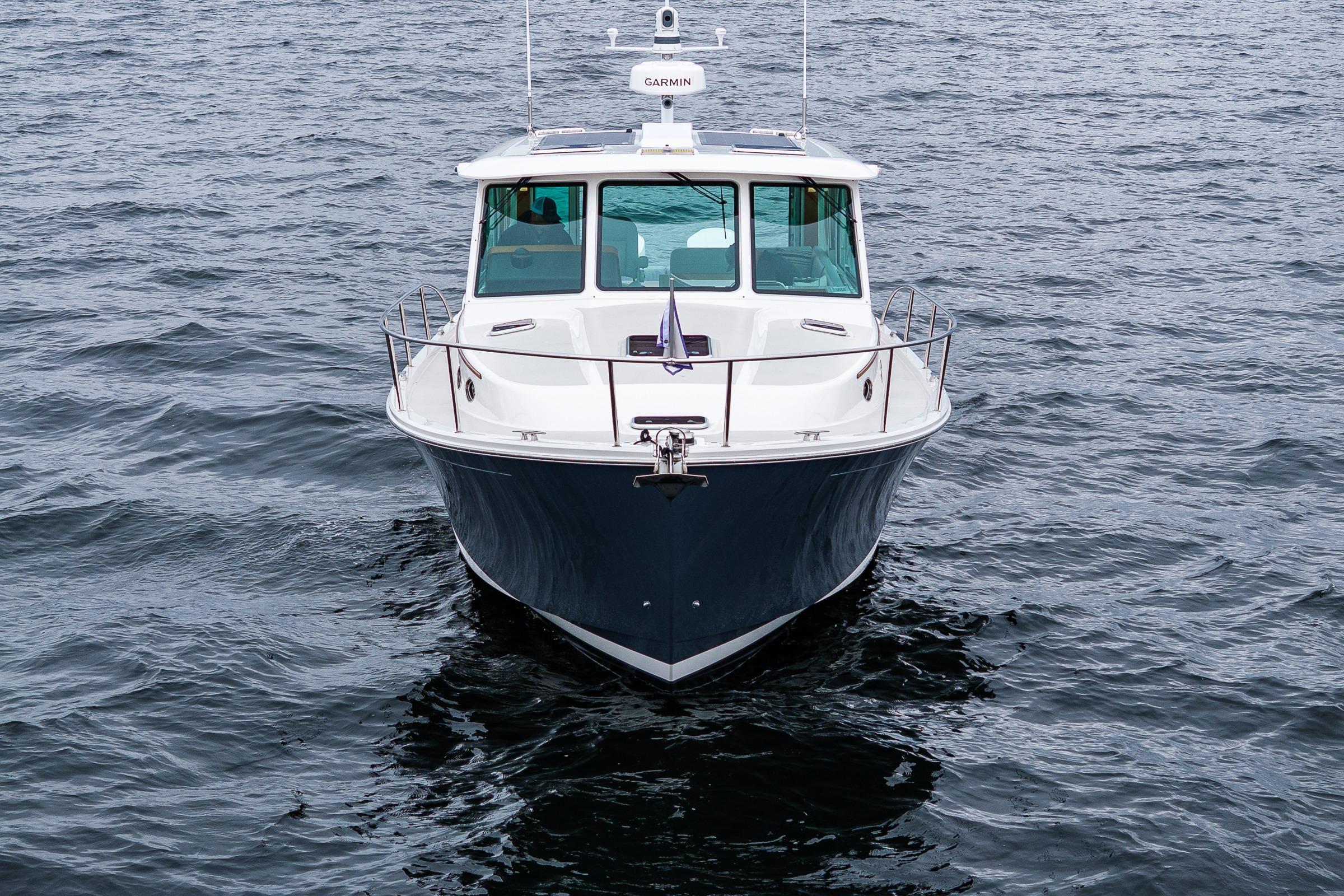 2025 Back Cove 39O boat on open water, front view.