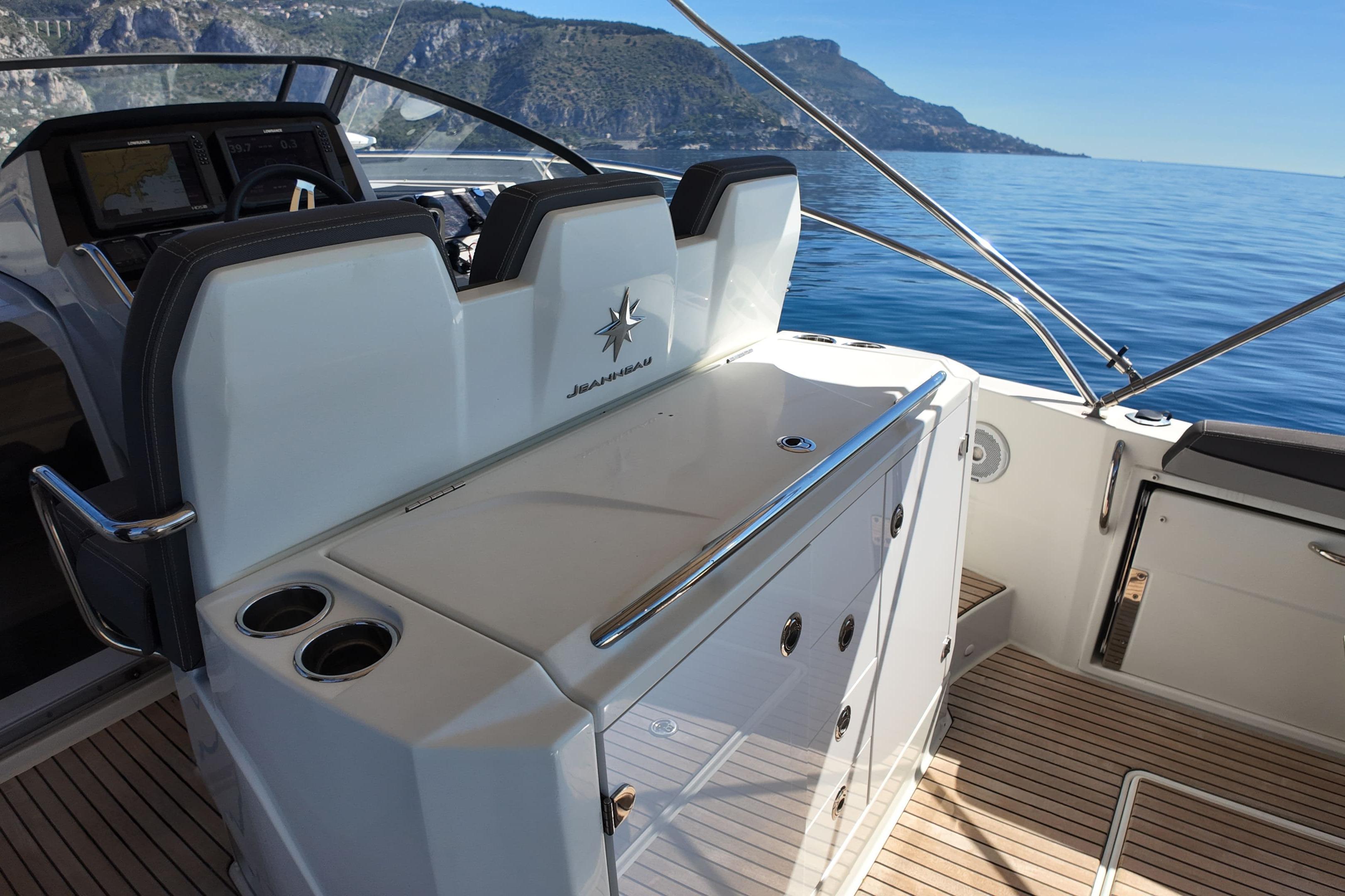2018 Cap Camarat 10.5 WA boat interior with sleek design and ocean view.