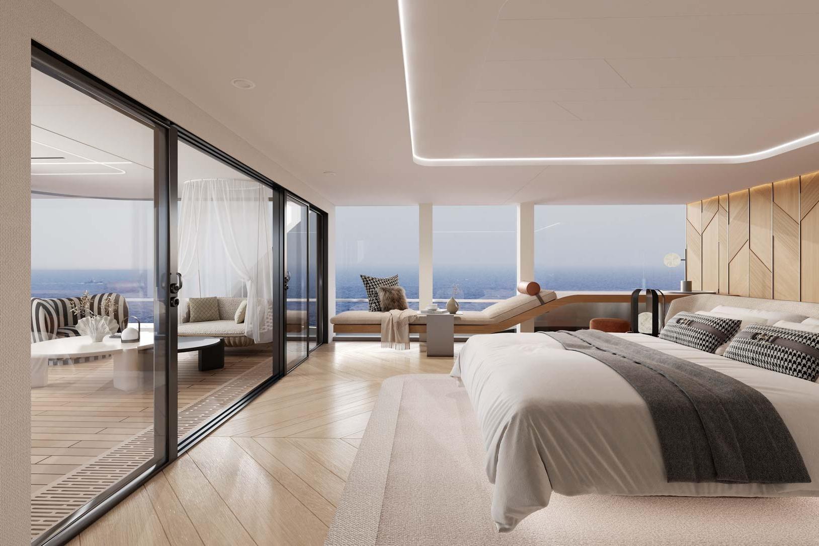 Luxurious Sunreef 40M Explorer Eco yacht bedroom with ocean view, modern design, and elegant decor.