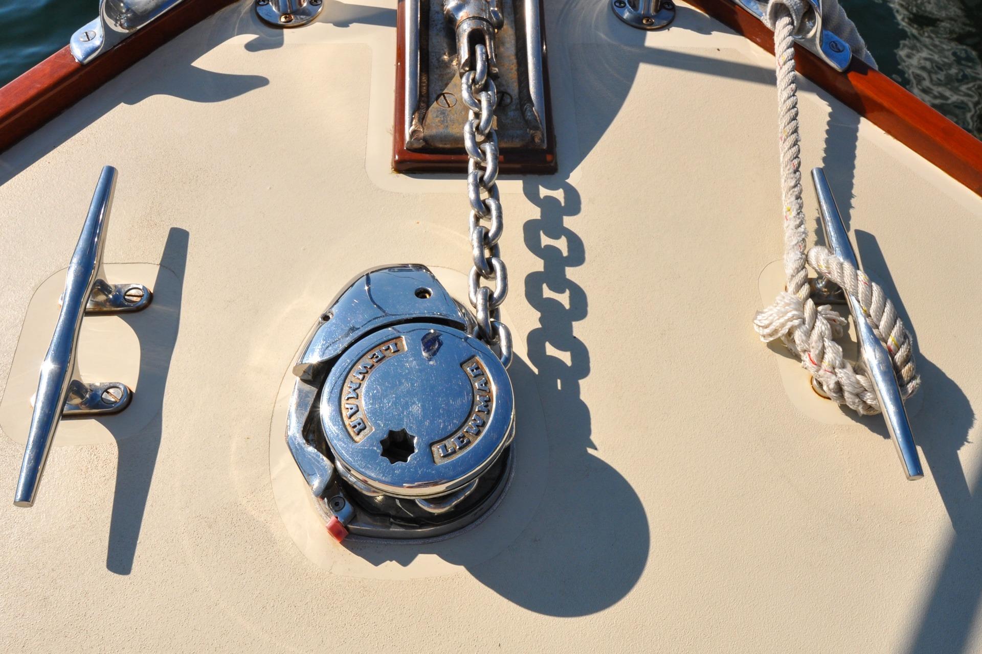 Bow of 1958 Bunker and Ellis 42 boat with anchor chain and cleats.