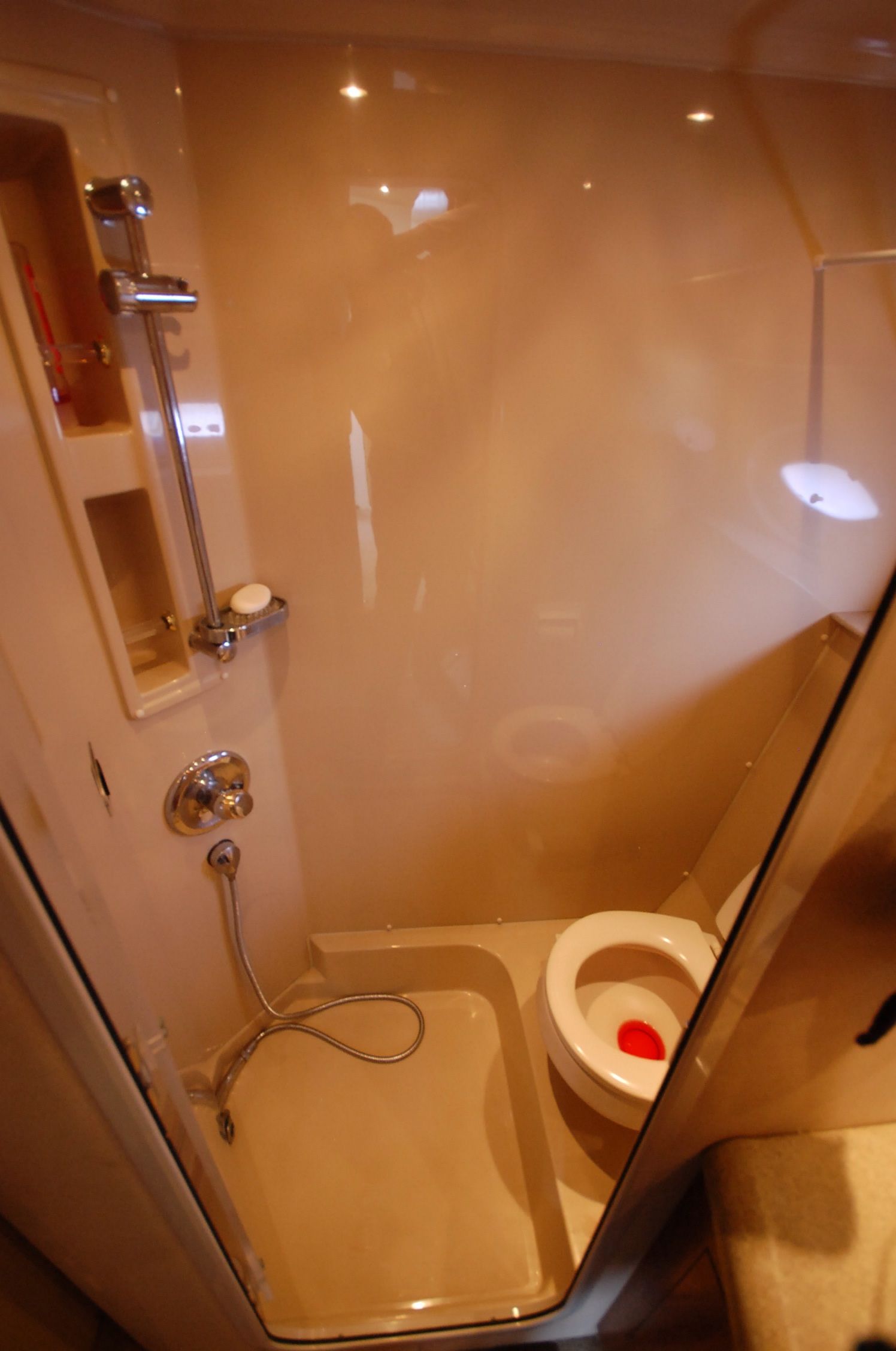 Bathroom in 2004 Cruisers Yachts 3970 with shower and toilet.