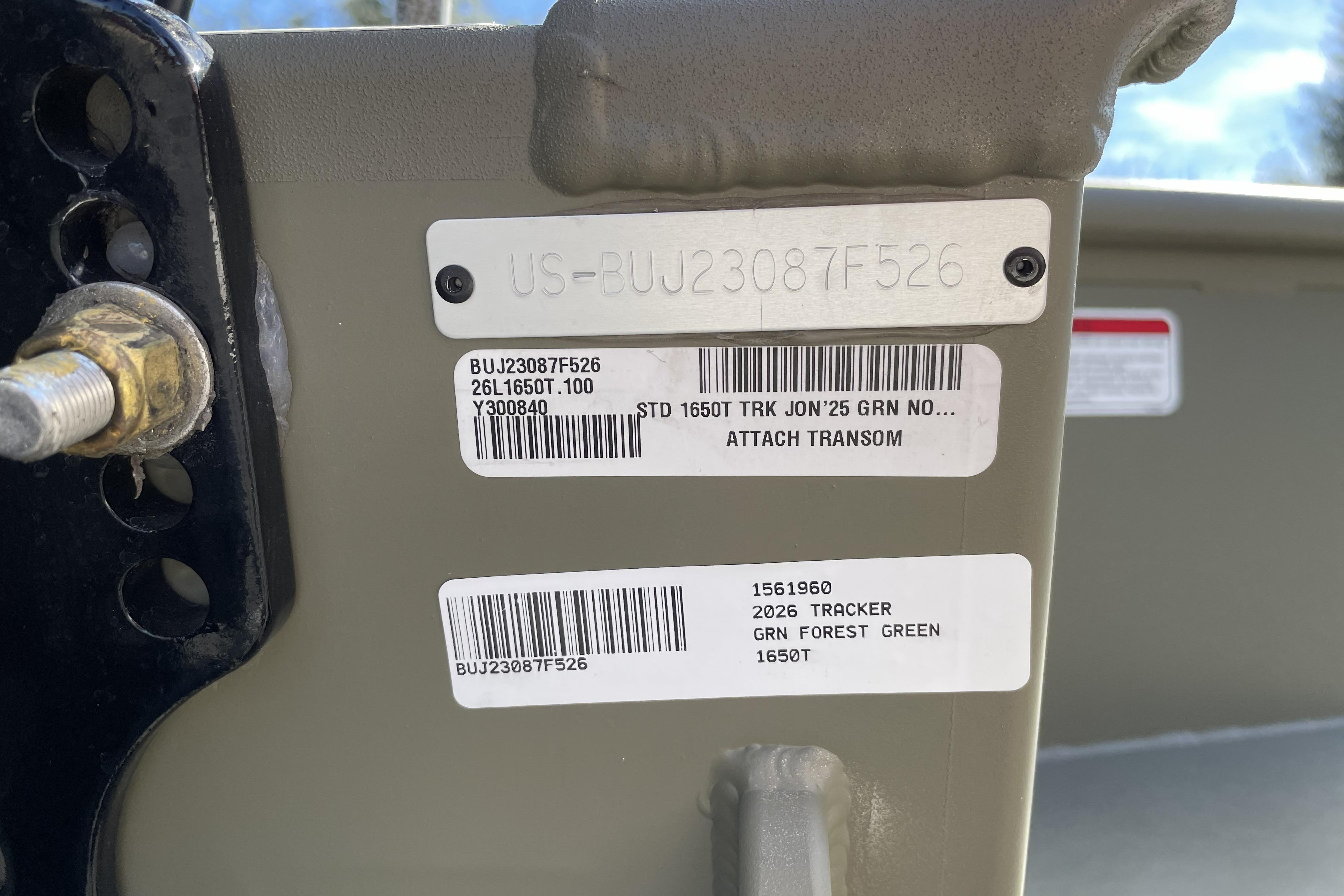 2026 Tracker Grizzly 1650 T Prairie Wings Edition, serial number and labels on transom.