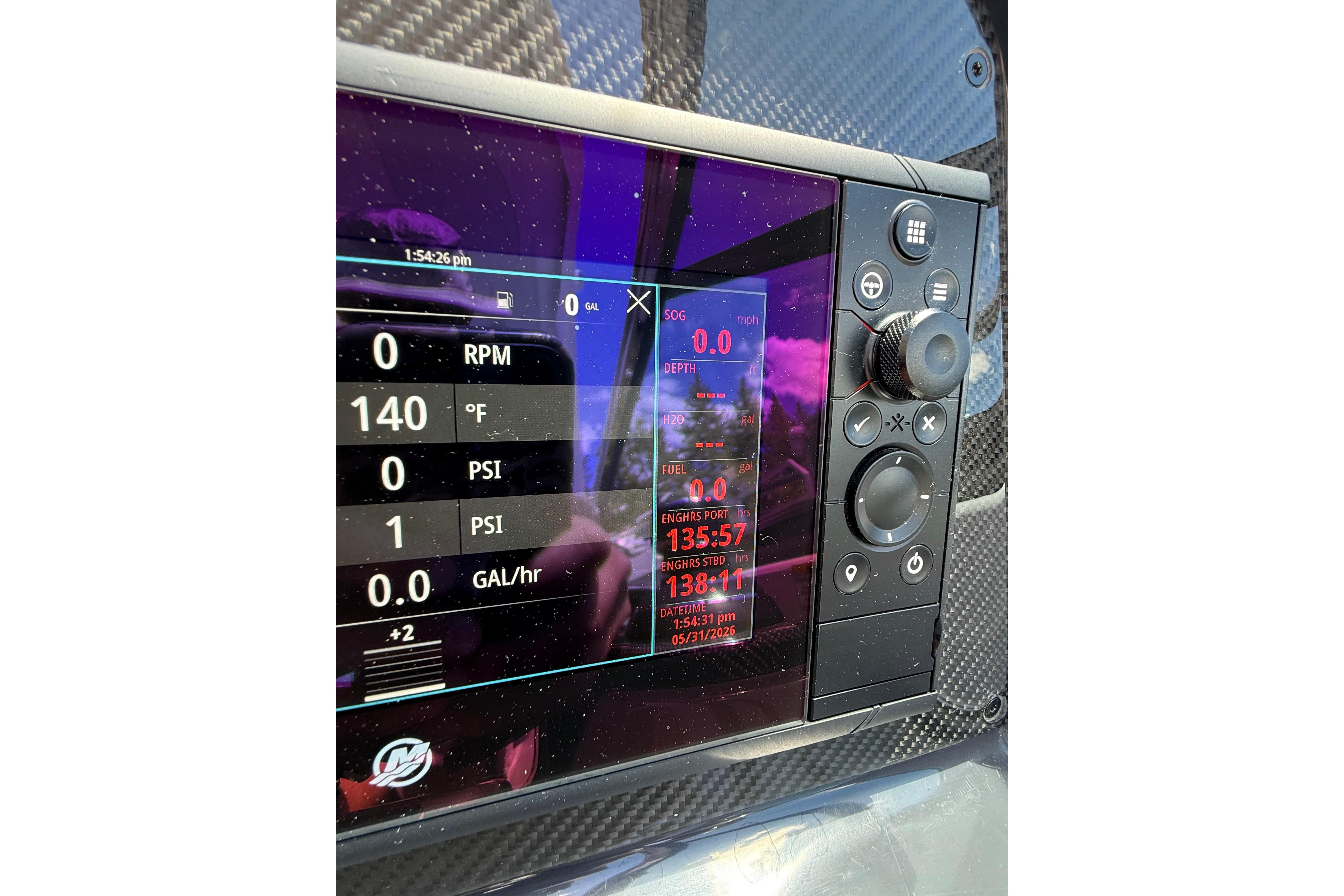 Dashboard display of a 2021 Formula 350 Sun Sport boat showing RPM, temperature, and fuel data.