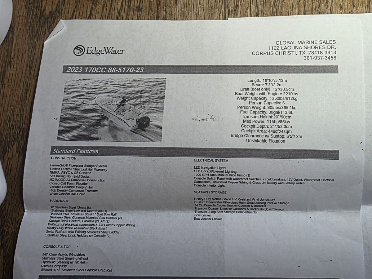 Brochure for the Edgewater 170CC boat, 2023 model, featuring specifications and sales information.