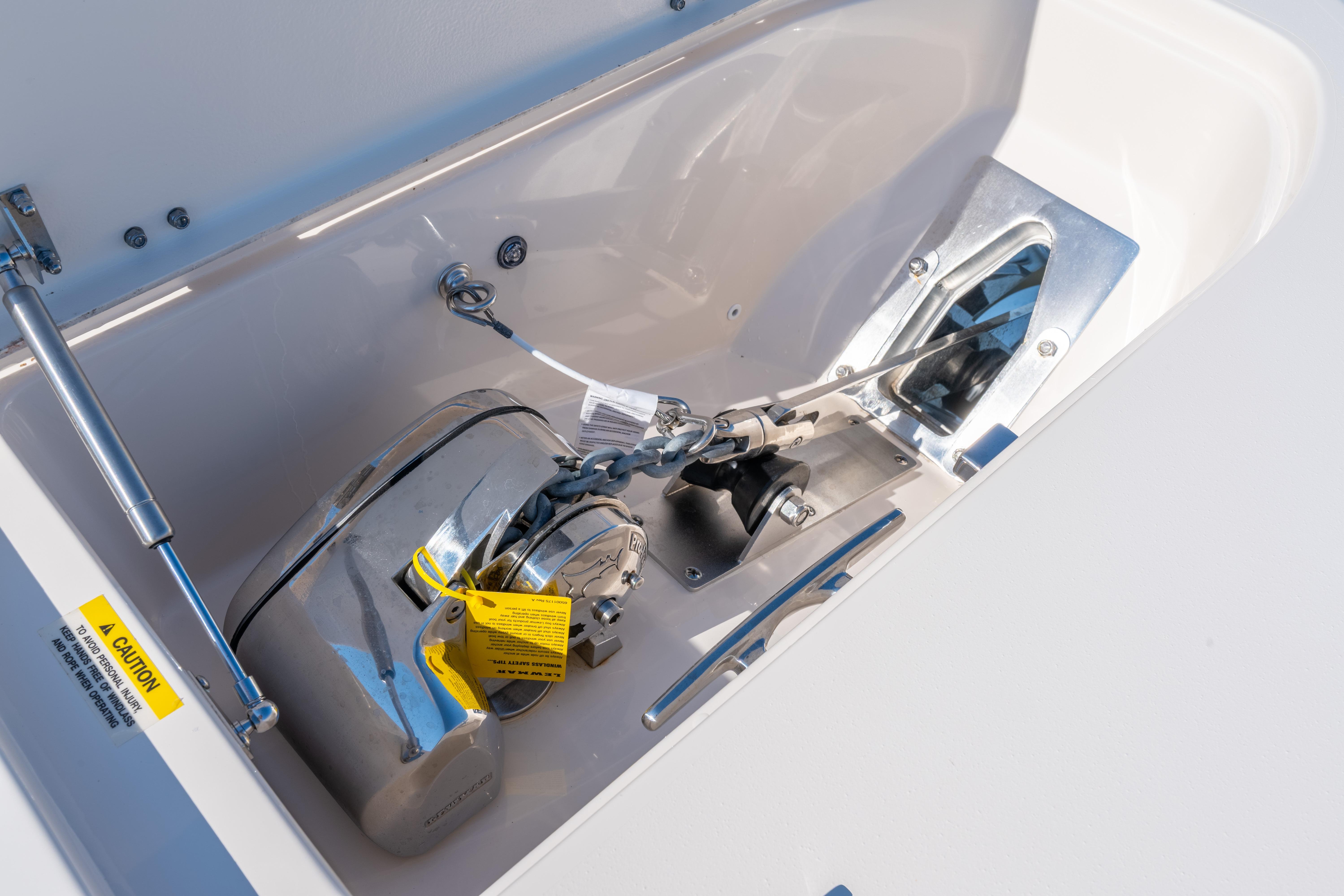Anchor system of 2025 Grady-White Canyon 386 boat, featuring stainless steel components.