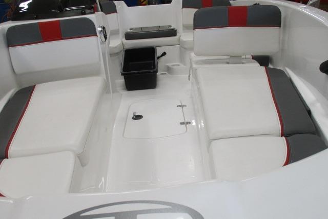 2024 Tahoe T16 boat interior with white and gray seating, red accents, and storage compartments.