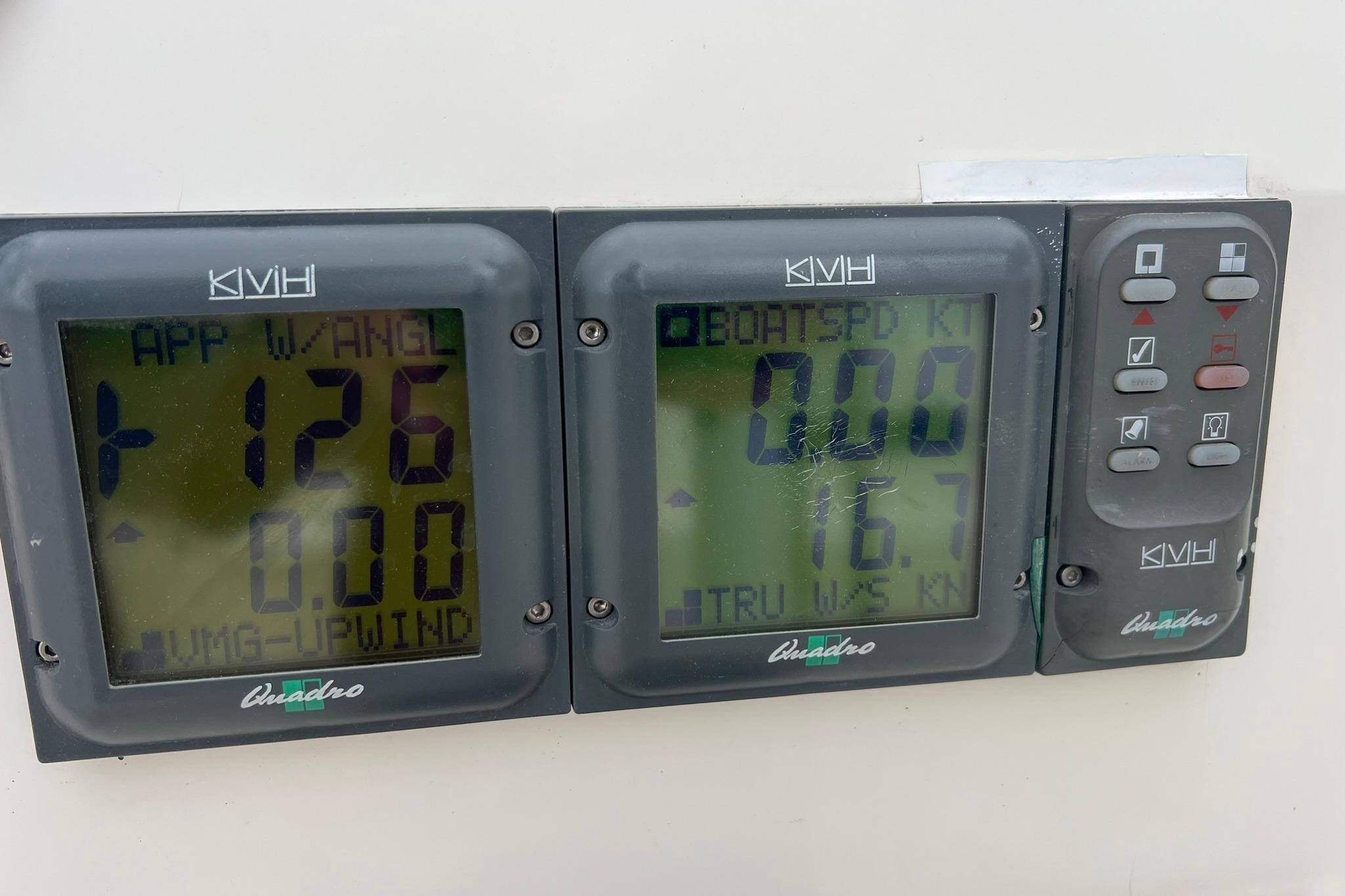 Digital navigation display on a 1998 Sabre 362 sailboat showing wind and speed data.