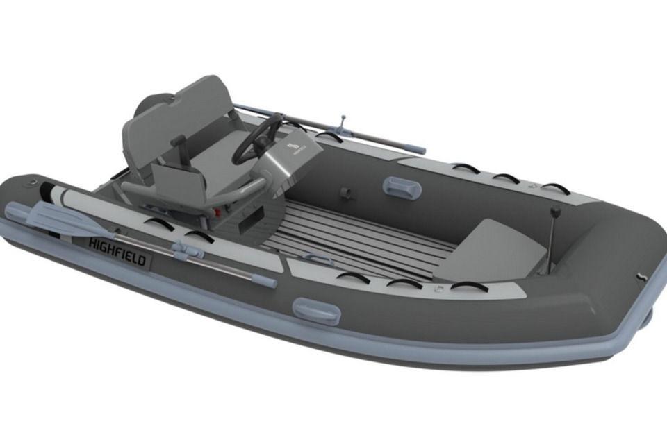 2025 Highfield CL360 inflatable boat, gray with seating and steering console.