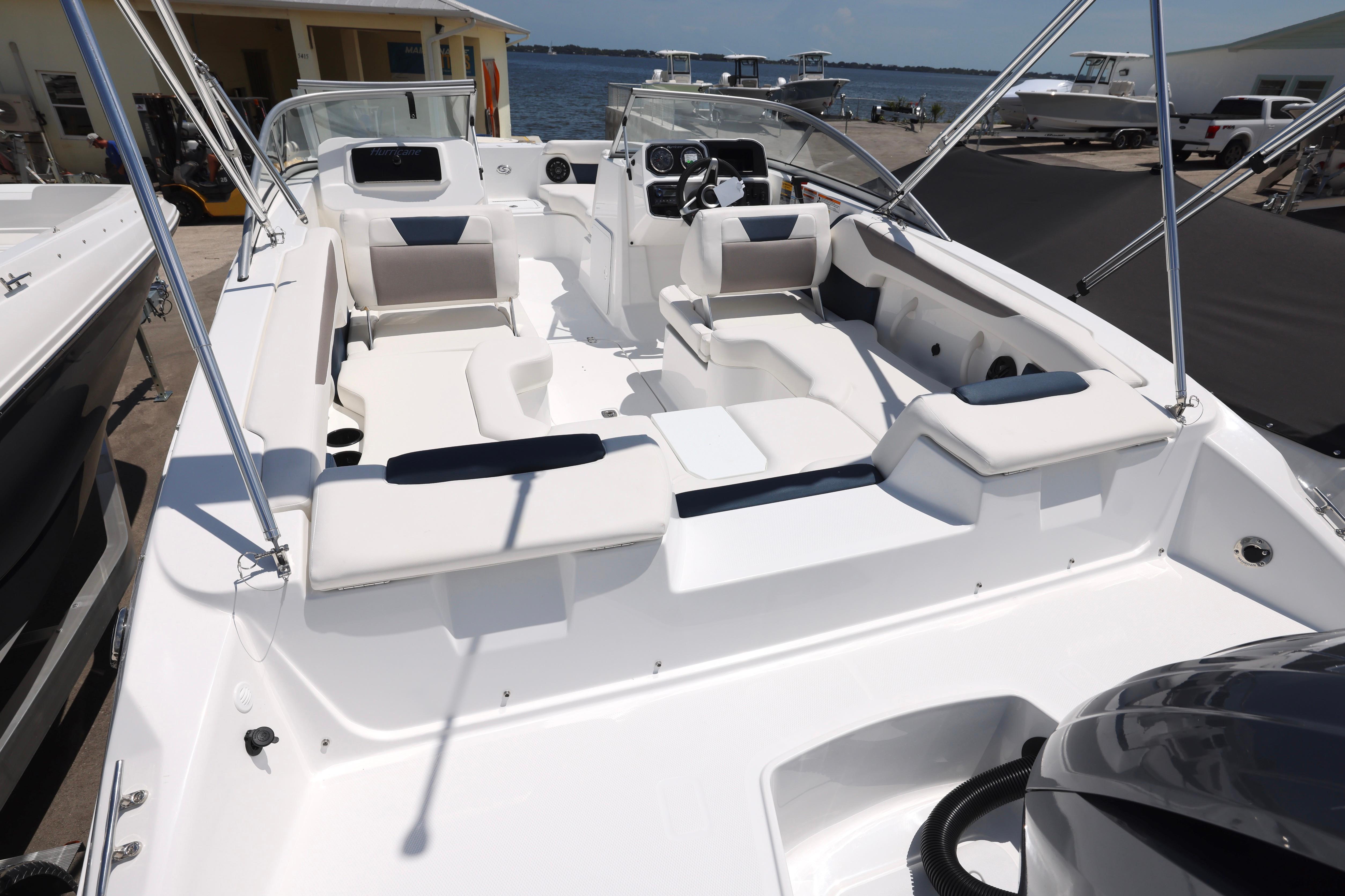 2026 Hurricane SunDeck 2050 OB boat interior with spacious seating and modern design.