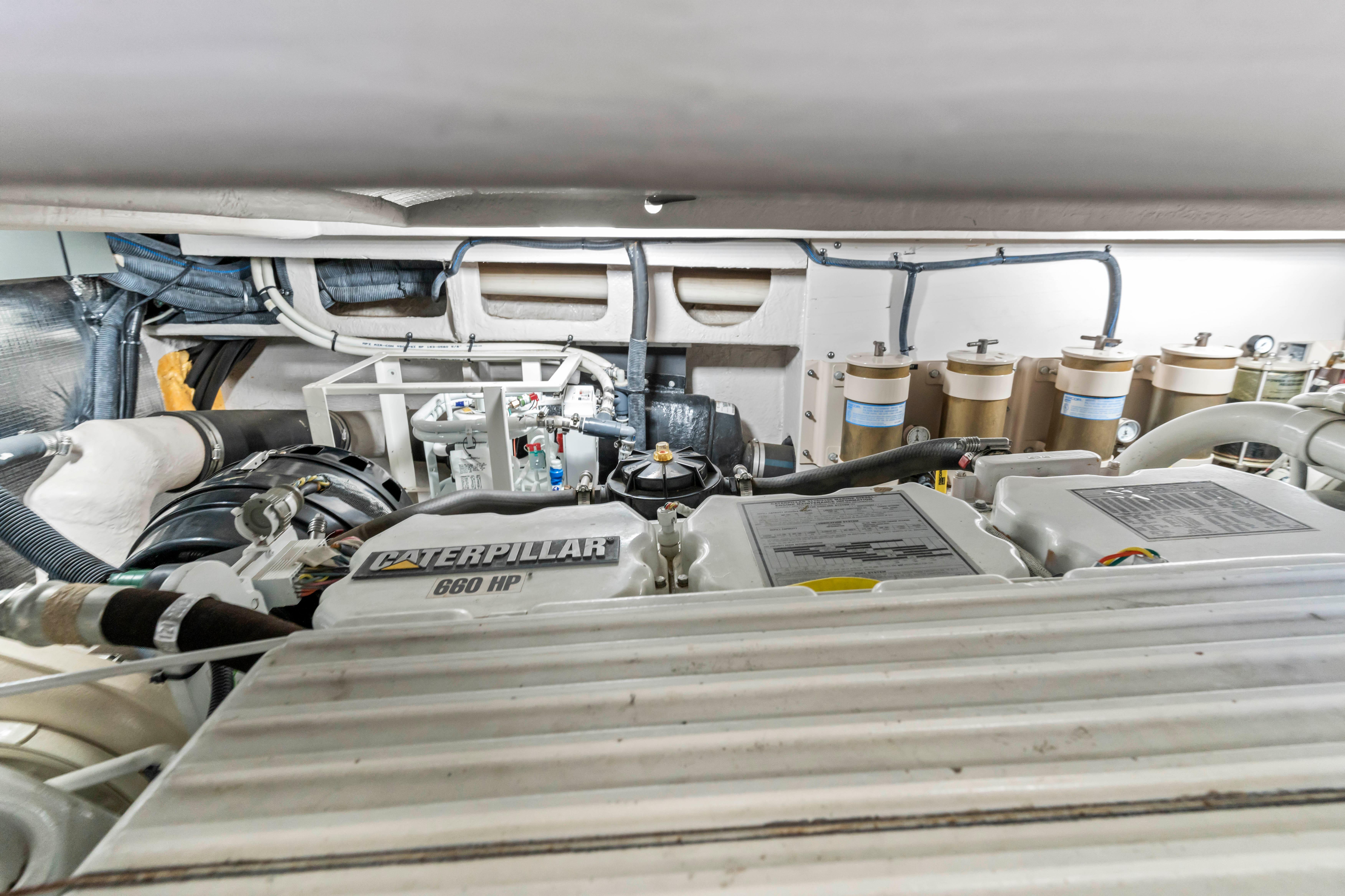 Engine room of 2001 Sea Ray Sundancer 510 with Caterpillar 660 HP engine.