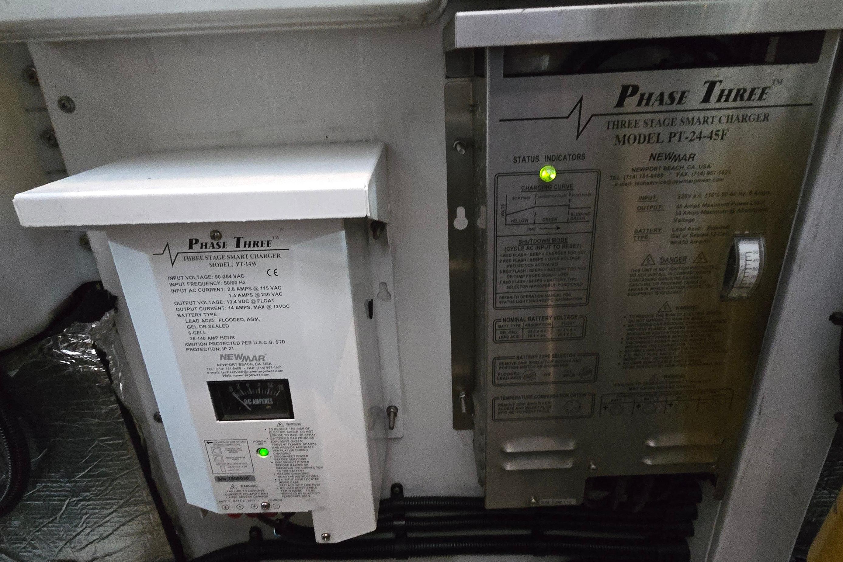 Phase Three smart chargers in a 2004 Sunseeker Camargue 50 yacht engine room.