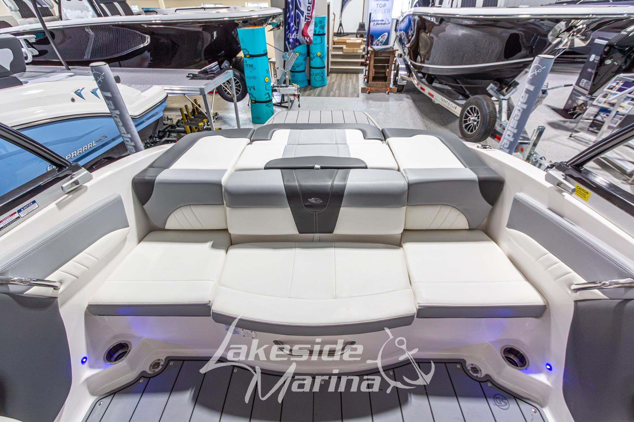 2022 Chaparral 21 SSi boat interior with plush seating at Lakeside Marina.