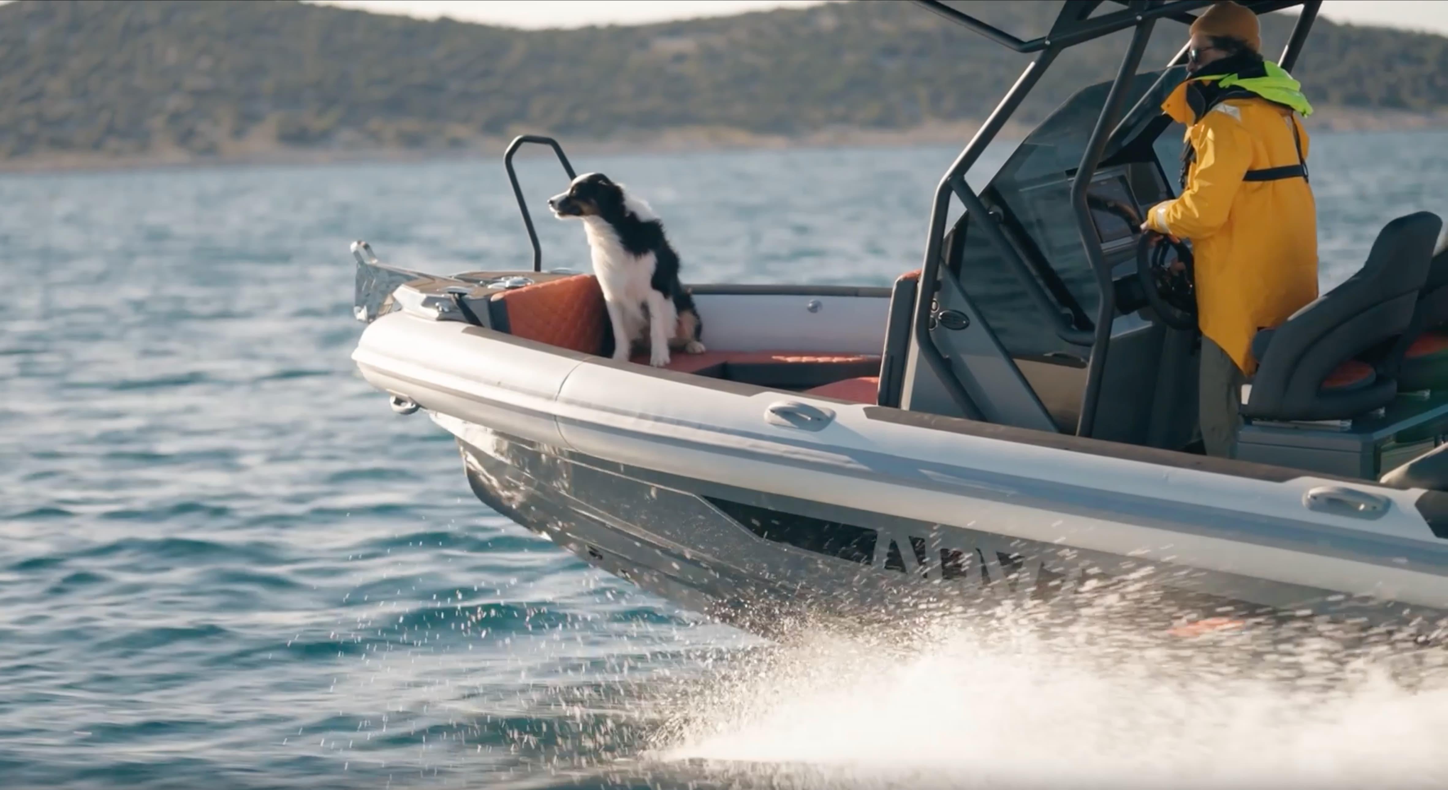 2025 Highfield ADV7 boat with person and dog cruising on the water.