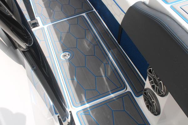 2024 Fountain 34 SC boat deck with sleek, modern design and blue accents.