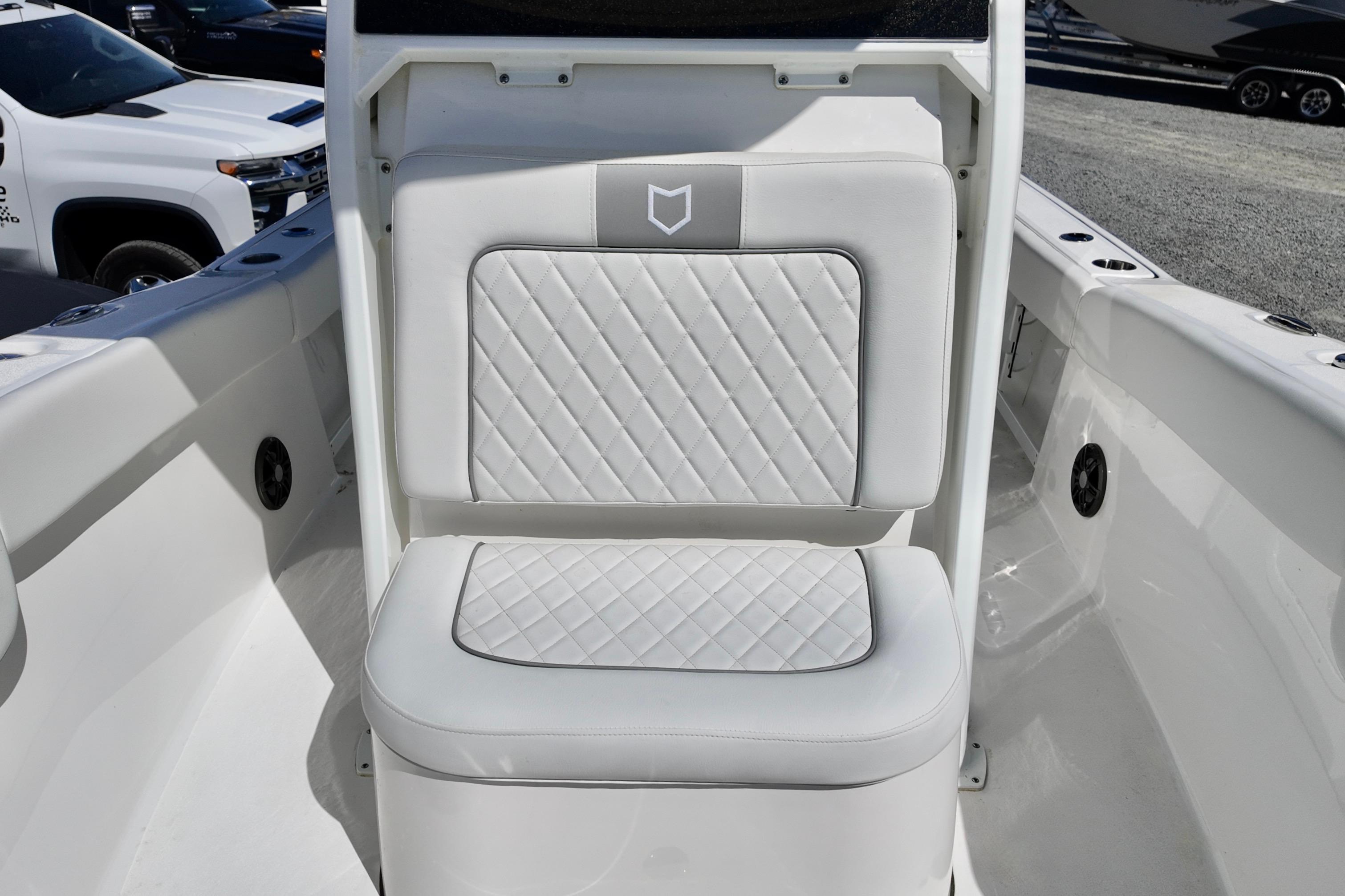 White seating on 2026 Sea Fox 248 Commander boat, featuring diamond stitching.