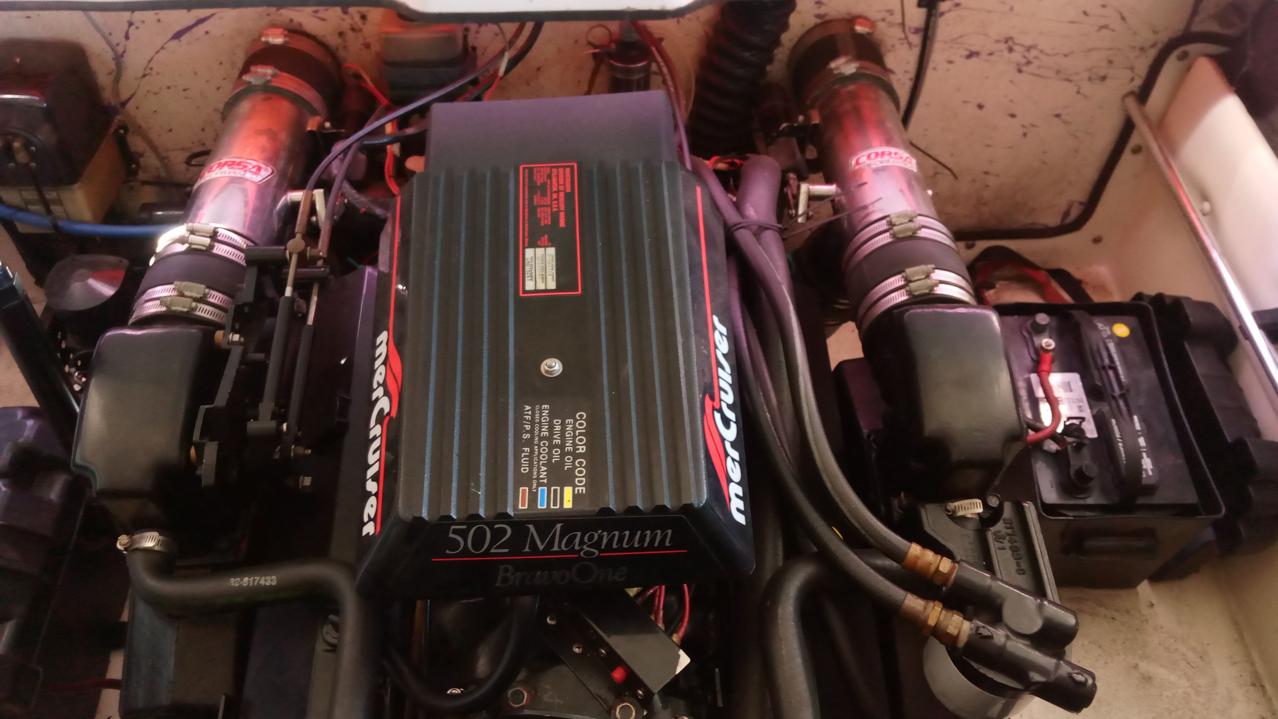 1993 Sunsation Aggressor engine bay with MerCruiser 502 Magnum.