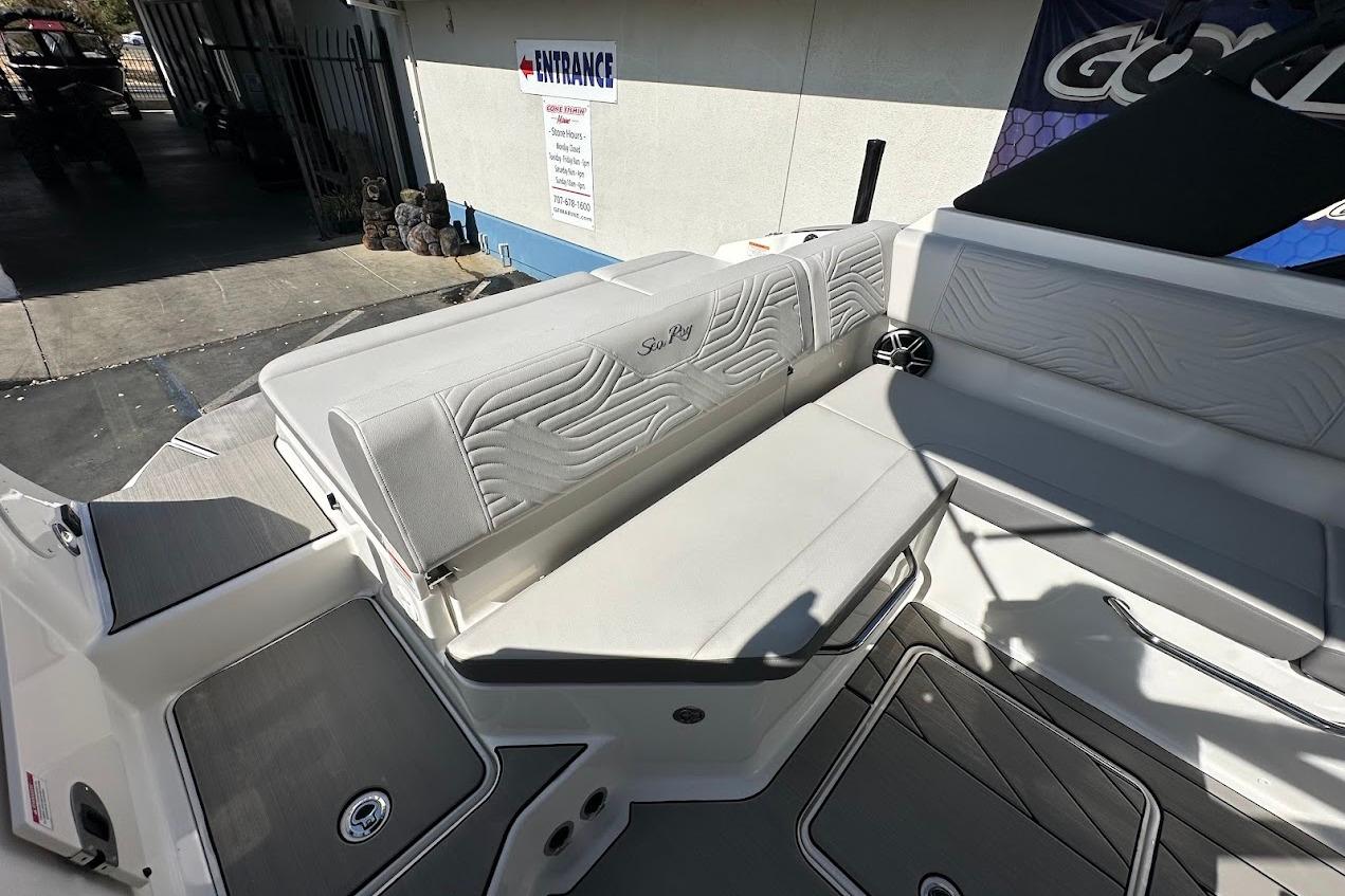 2026 Sea Ray SDX 230 Surf boat interior with stylish seating and modern design.
