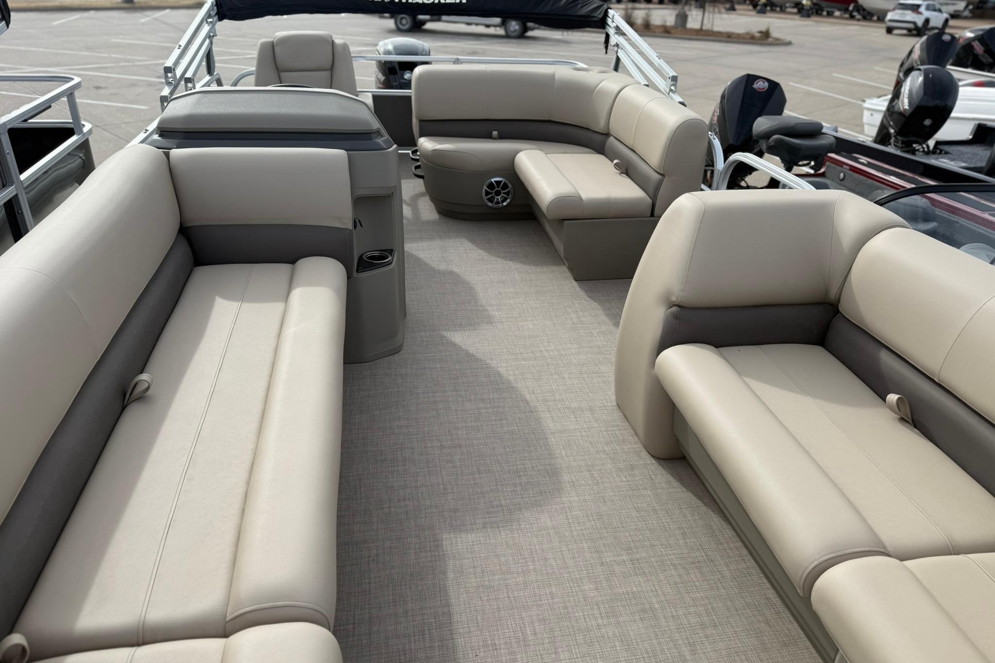2025 Sun Tracker Party Barge 18 DLX interior with spacious seating and modern design.