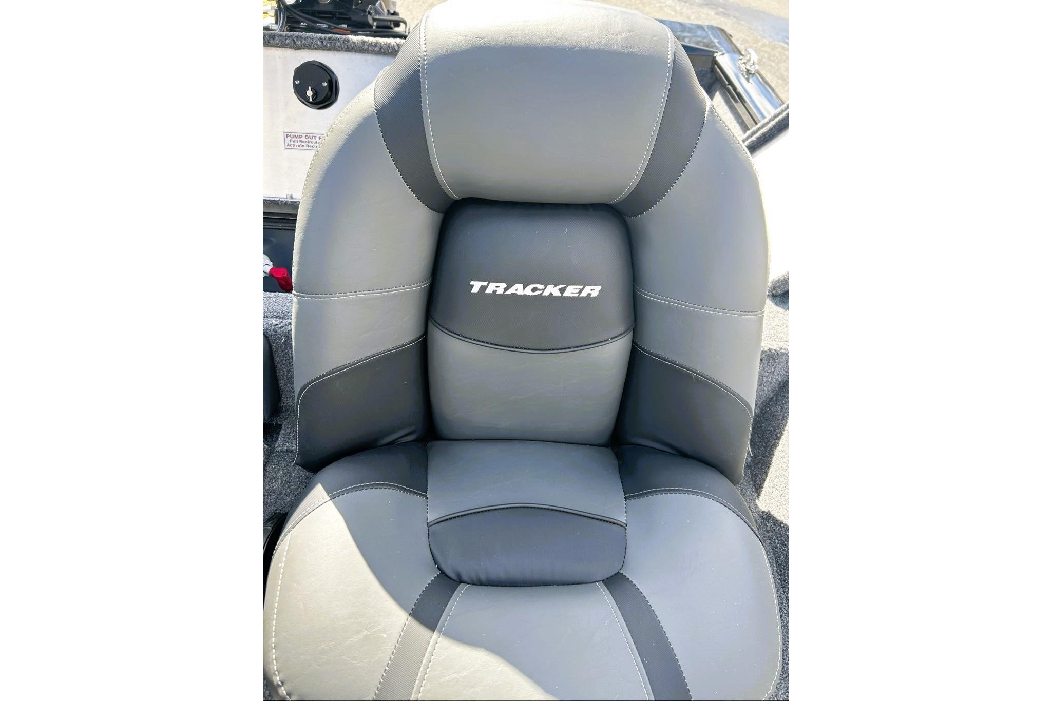 2026 Tracker Pro Team 195 boat seat, gray upholstery with logo.