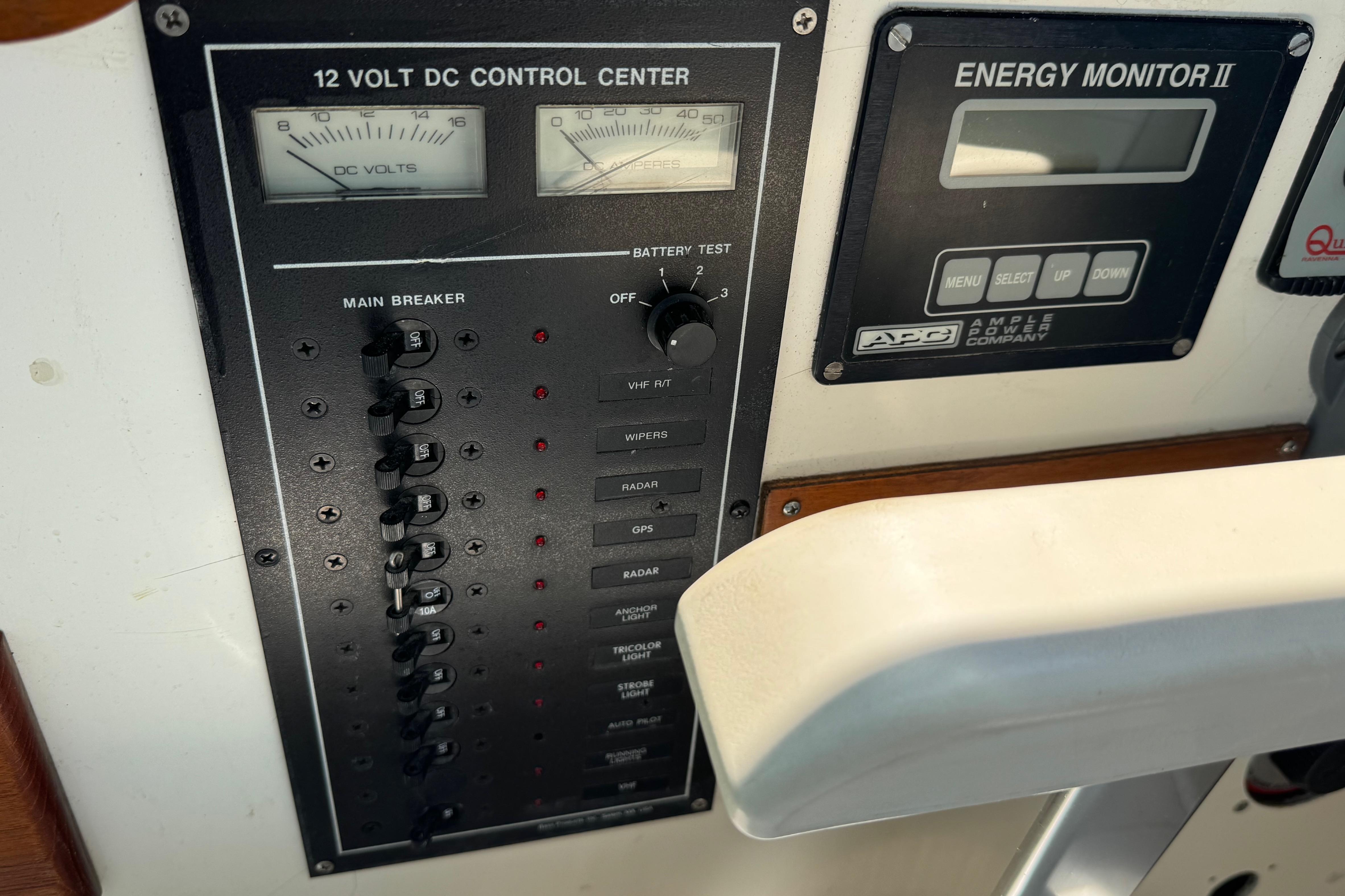 1989 Cape Dory 30 Motorsailer control panel with 12V DC system and energy monitor.