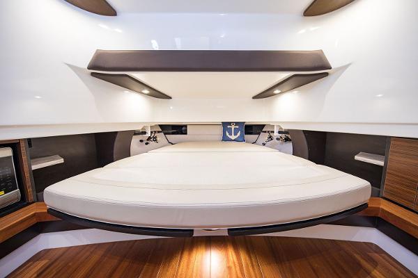 Manufacturer Provided Image: Luxurious cabin interior of 2018 Pursuit S 368 Sport boat with modern amenities.