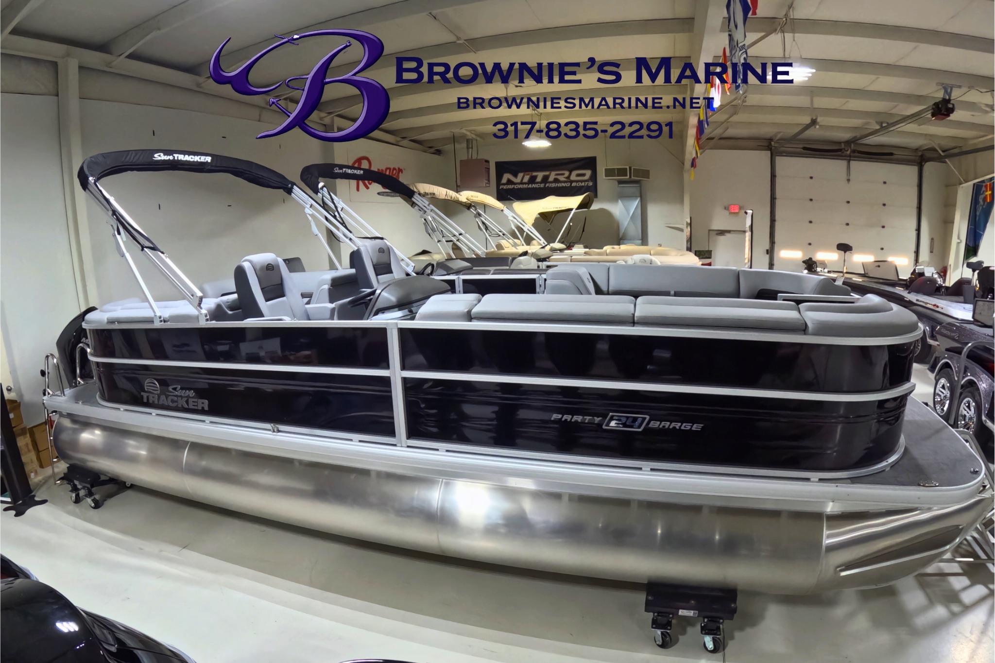 2026 Sun Tracker Party Barge 24 XP3 pontoon boat displayed at Brownie's Marine showroom.