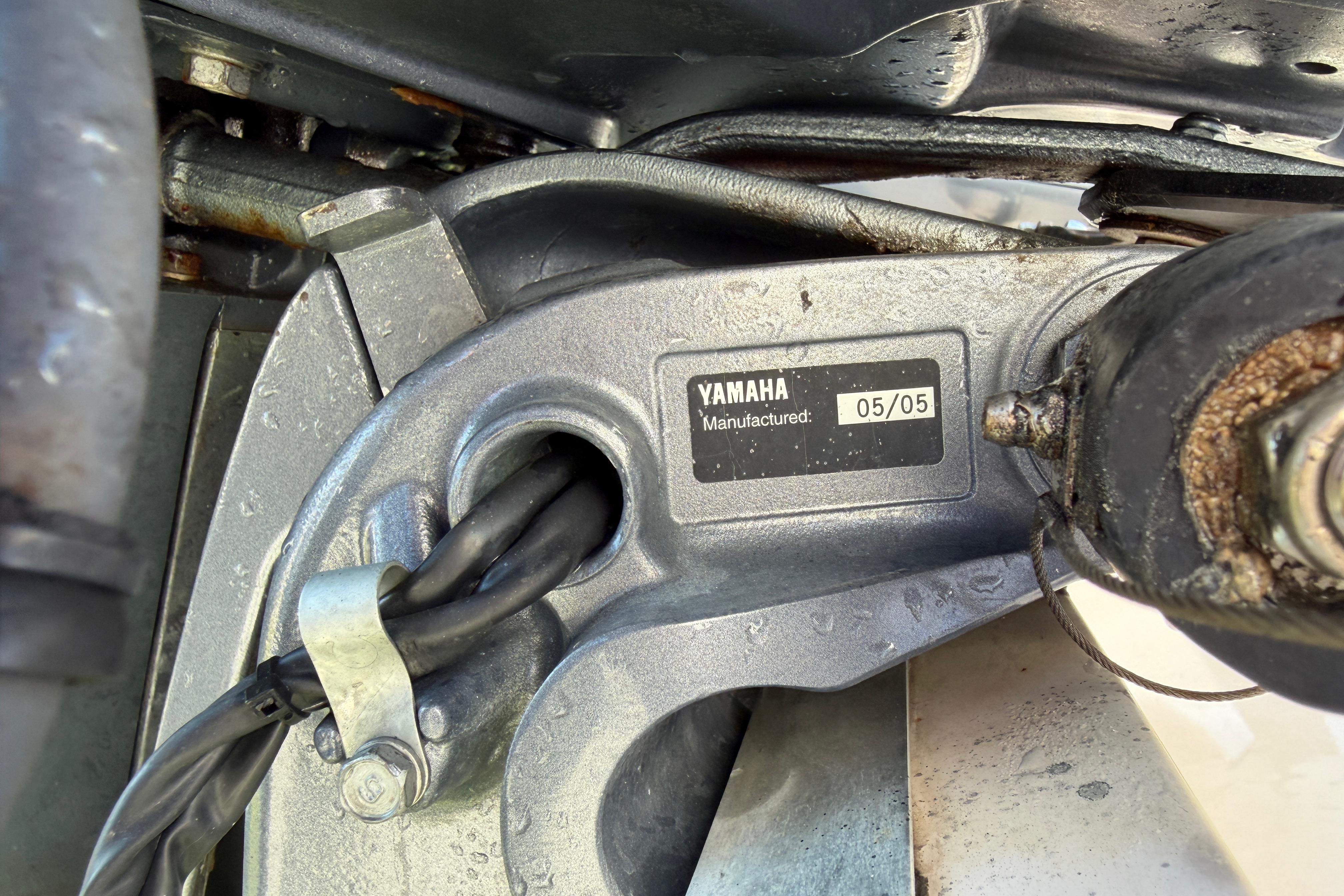 Close-up of Yamaha engine part on 2006 Grady-White Sailfish 282 boat.